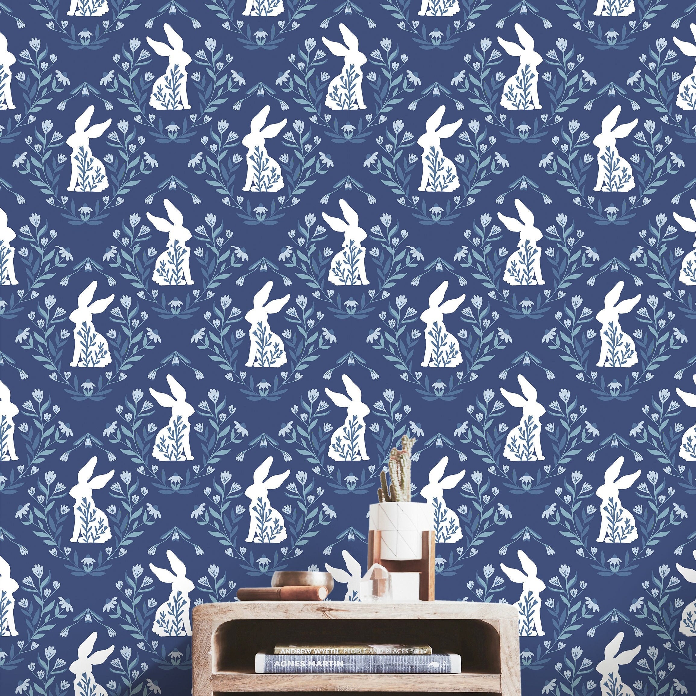 Wallpaper Peel and Stick Wallpaper Blue White Bunnies with Floral Removable Wallpaper Wall Decor Home Decor Wall Art Room Decor 3765 - JamesAndColors