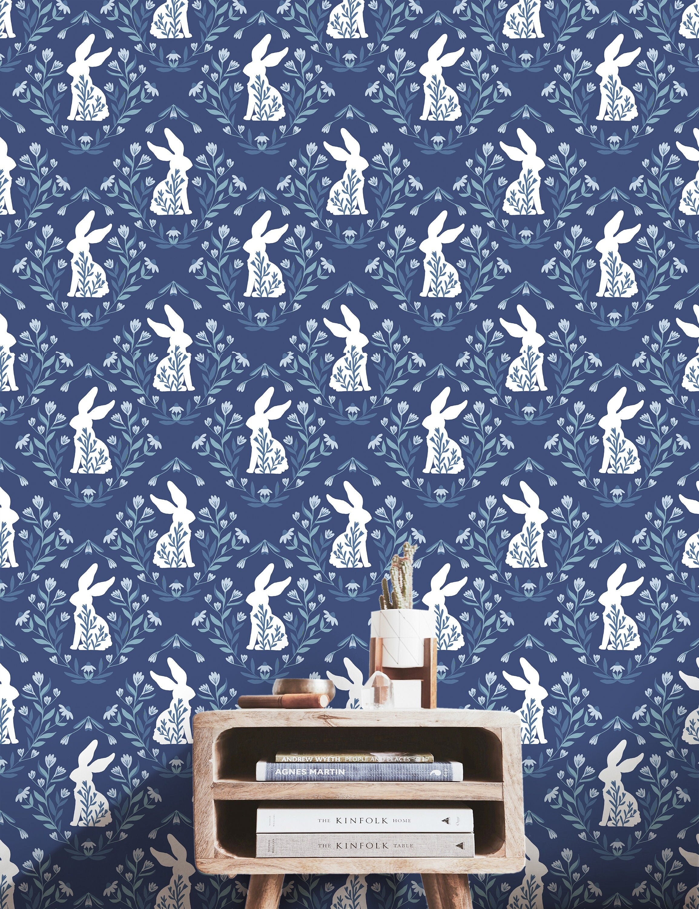 Wallpaper Peel and Stick Wallpaper Blue White Bunnies with Floral Removable Wallpaper Wall Decor Home Decor Wall Art Room Decor 3765 - JamesAndColors