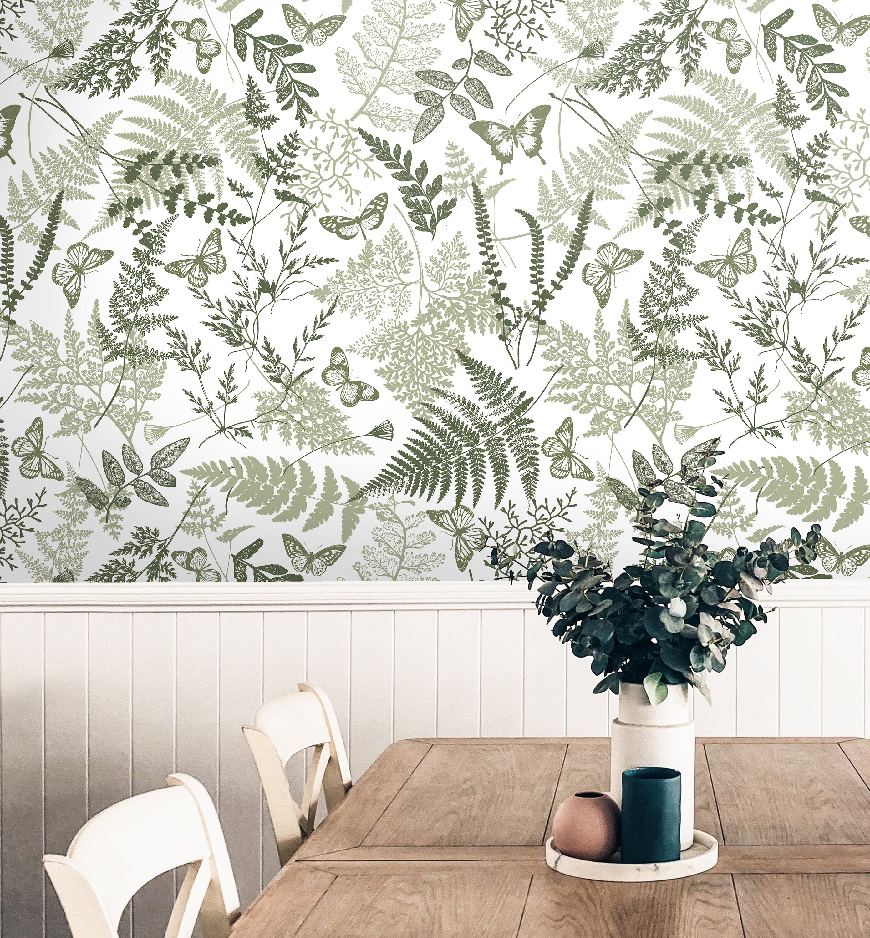 Wallpaper Peel and Stick Wallpaper Green And White Butterfly Ferns Boho Removable Wallpaper Wall Decor Home Decor Wall Art Room Decor 3767 - JamesAndColors