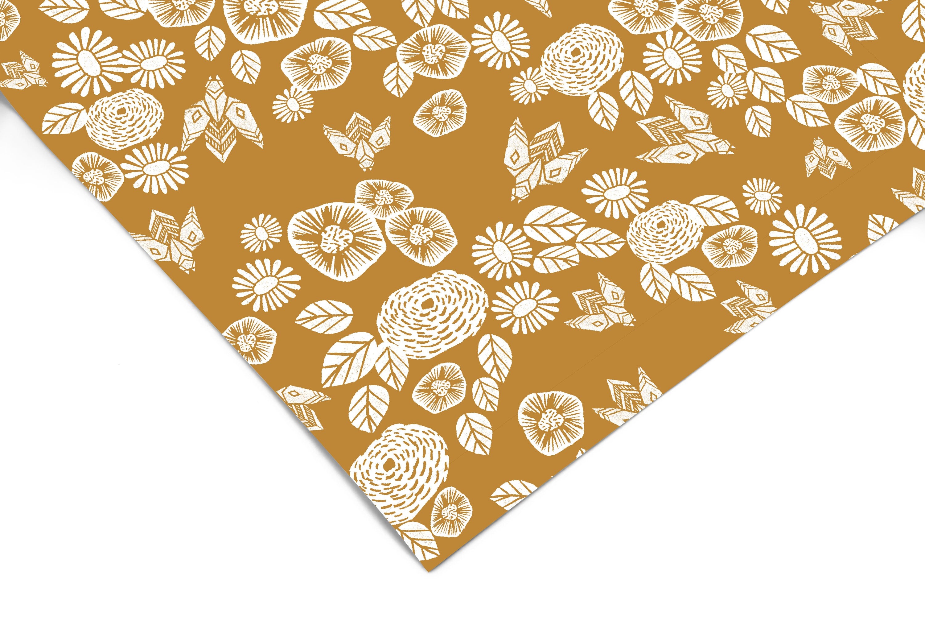 Golden Bees Floral Contact Paper | Peel And Stick Wallpaper | Removable Wallpaper | Shelf Liner | Drawer Liner Peel and Stick Paper 1096
