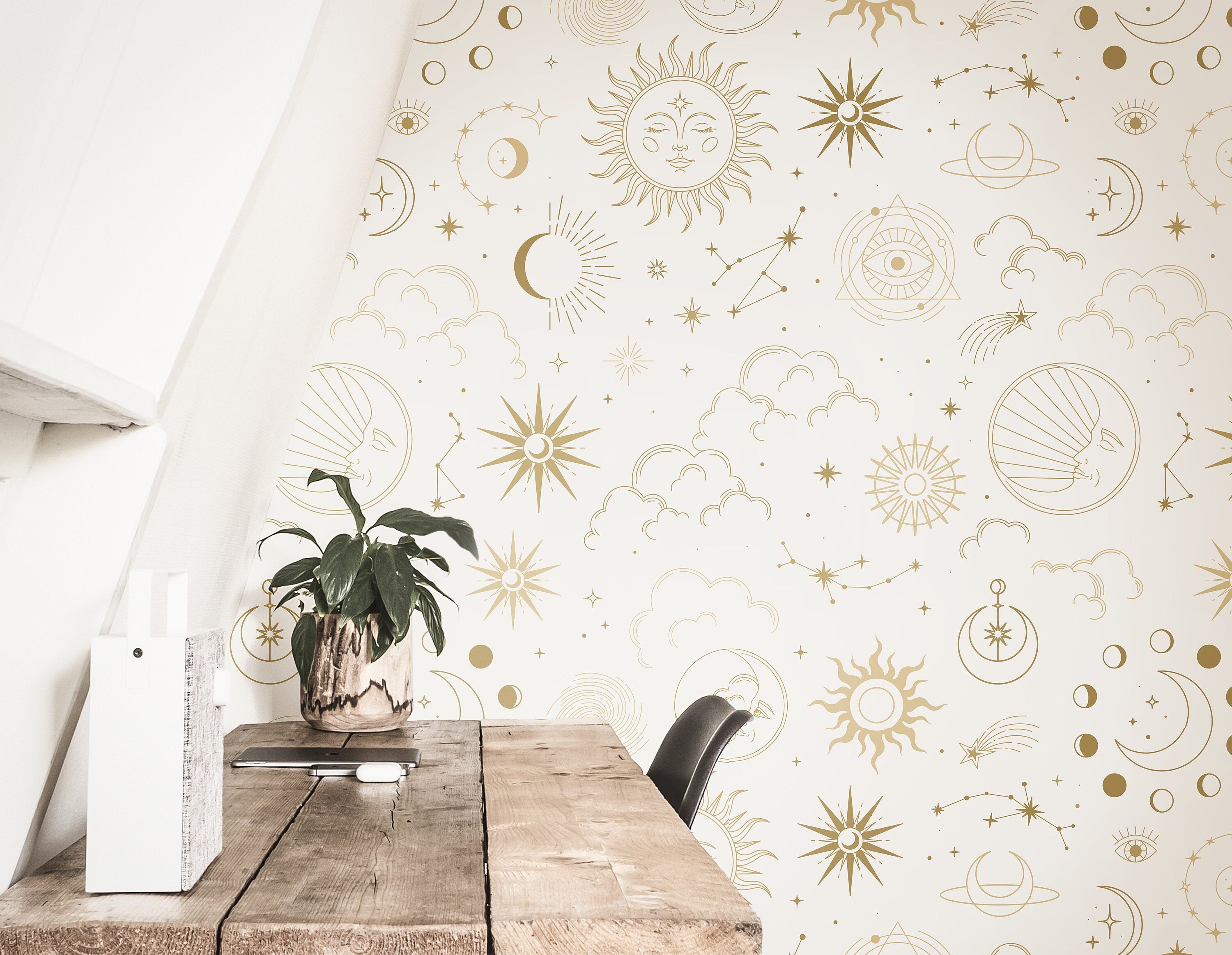 Gold Cream Sun Moon Wallpaper Peel and Stick Wallpaper Removable Wallpaper Wall Decor Home Decor Wall Art Printable Wall Art Room Decor 3787 - JamesAndColors