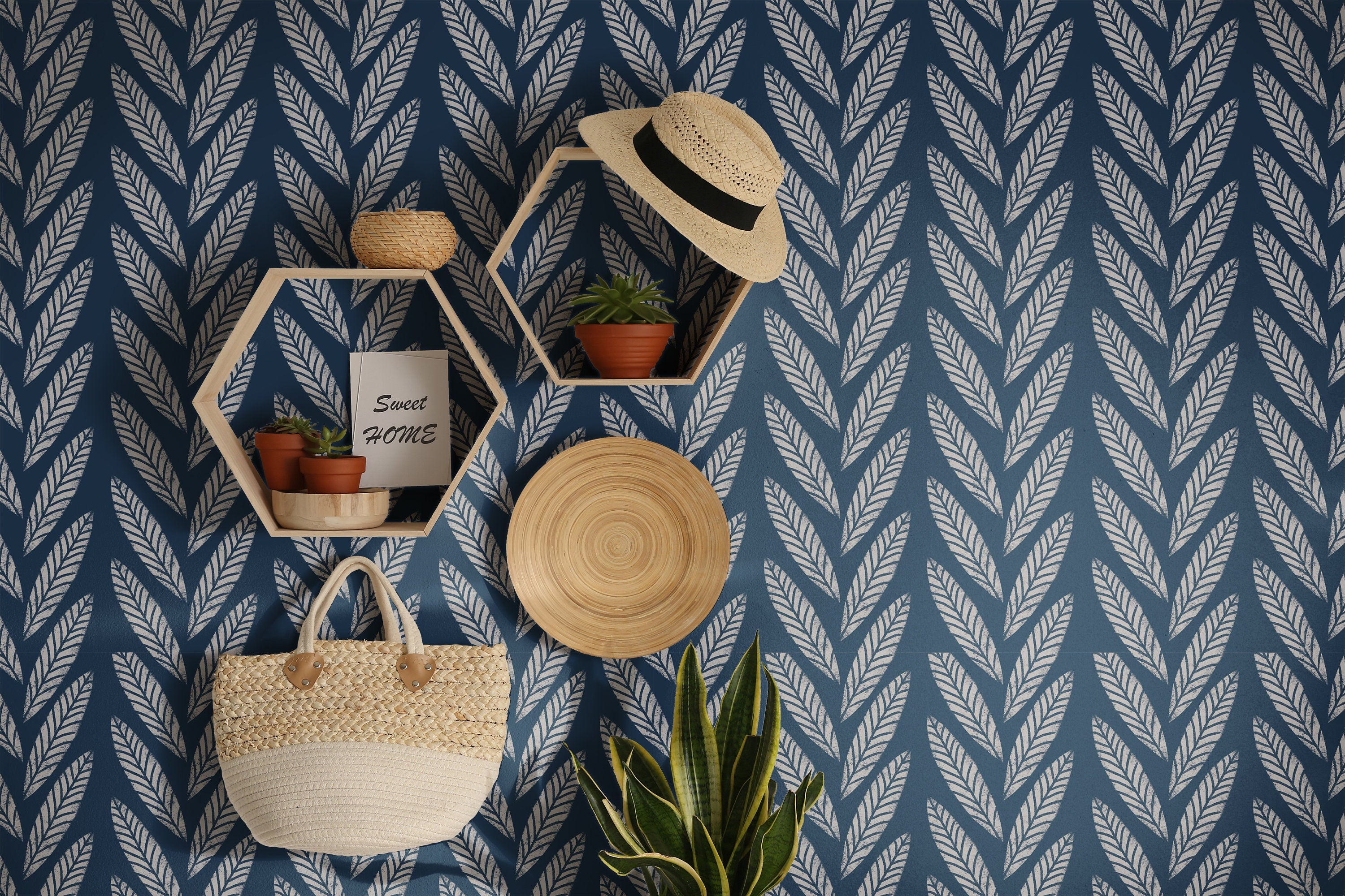 Dark Navy Boho Leaf Wallpaper Peel and Stick Wallpaper Removable Wallpaper Wall Decor Home Decor Wall Art Printable Wall Art Room Decor 3678 - JamesAndColors