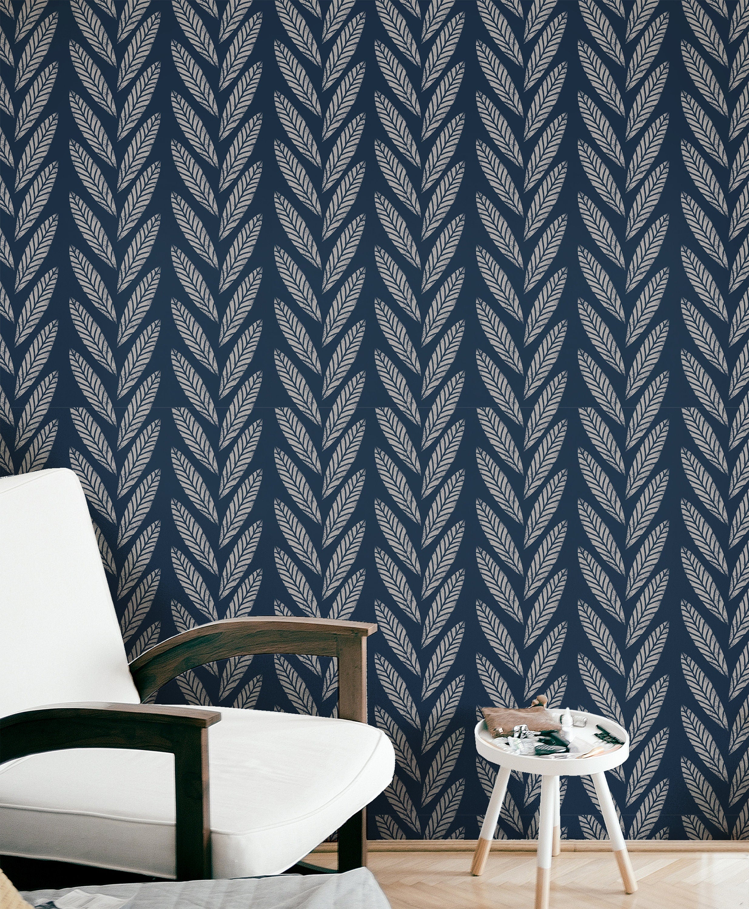 Dark Navy Boho Leaf Wallpaper Peel and Stick Wallpaper Removable Wallpaper Wall Decor Home Decor Wall Art Printable Wall Art Room Decor 3678 - JamesAndColors