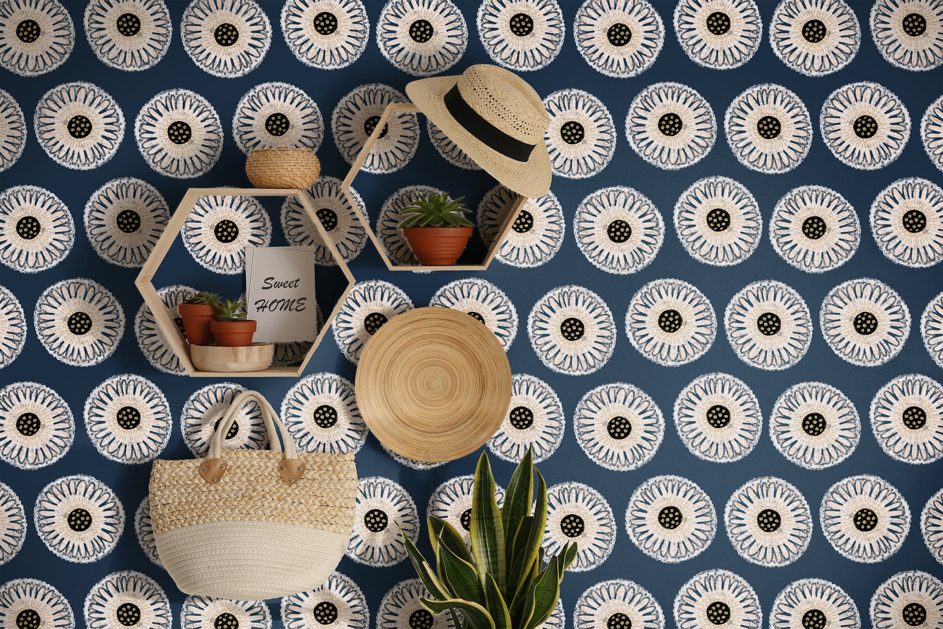 Navy Boho Floral Wallpaper Peel and Stick Wallpaper Removable Wallpaper Wall Decor Home Decor Wall Art Printable Wall Art Room Decor 3679 - JamesAndColors