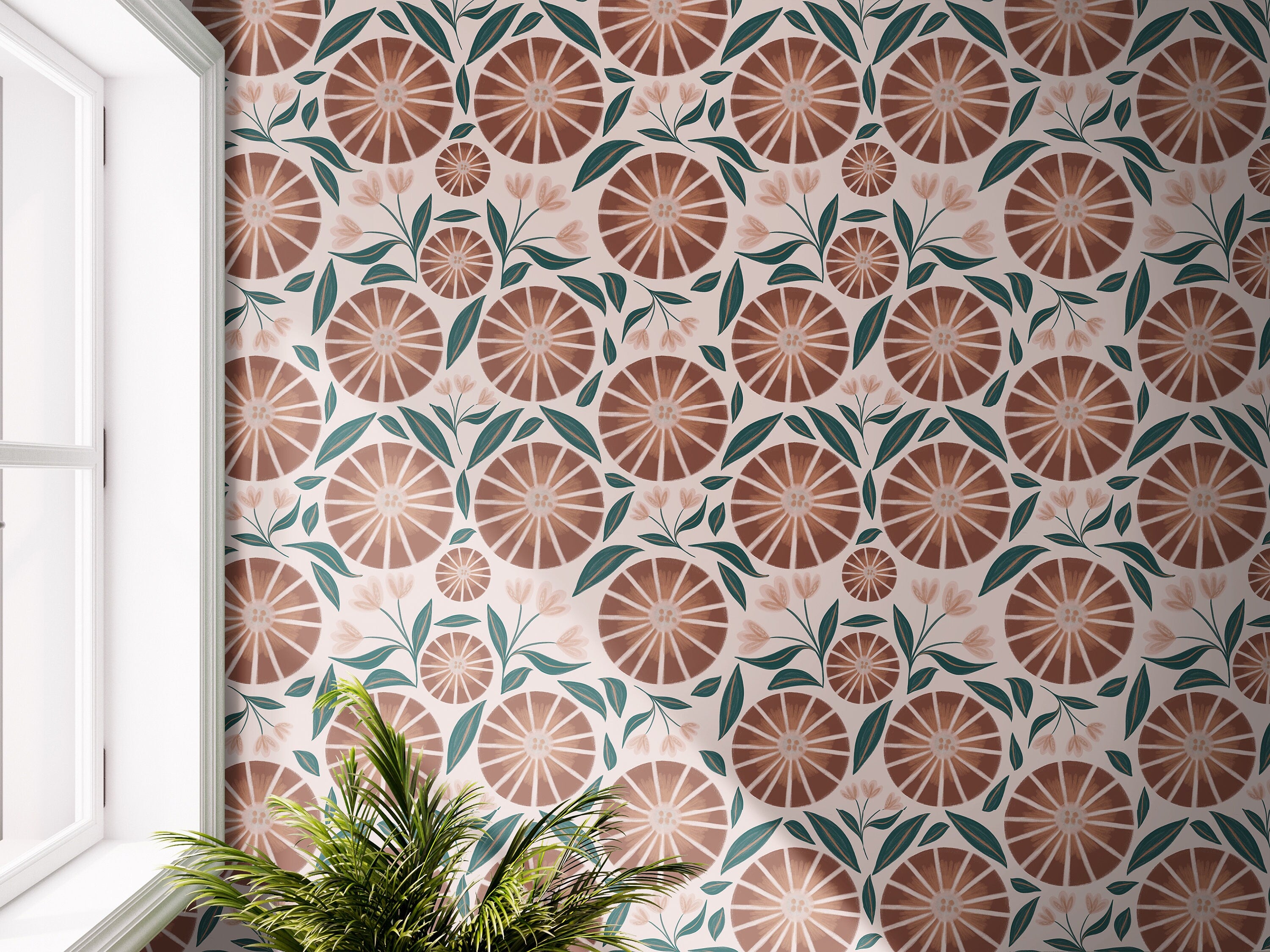 Boho Terracotta Floral Wallpaper Peel and Stick Wallpaper Removable Wallpaper Wall Decor Home Decor Wall Art Wall Art Room Decor 3687 - JamesAndColors