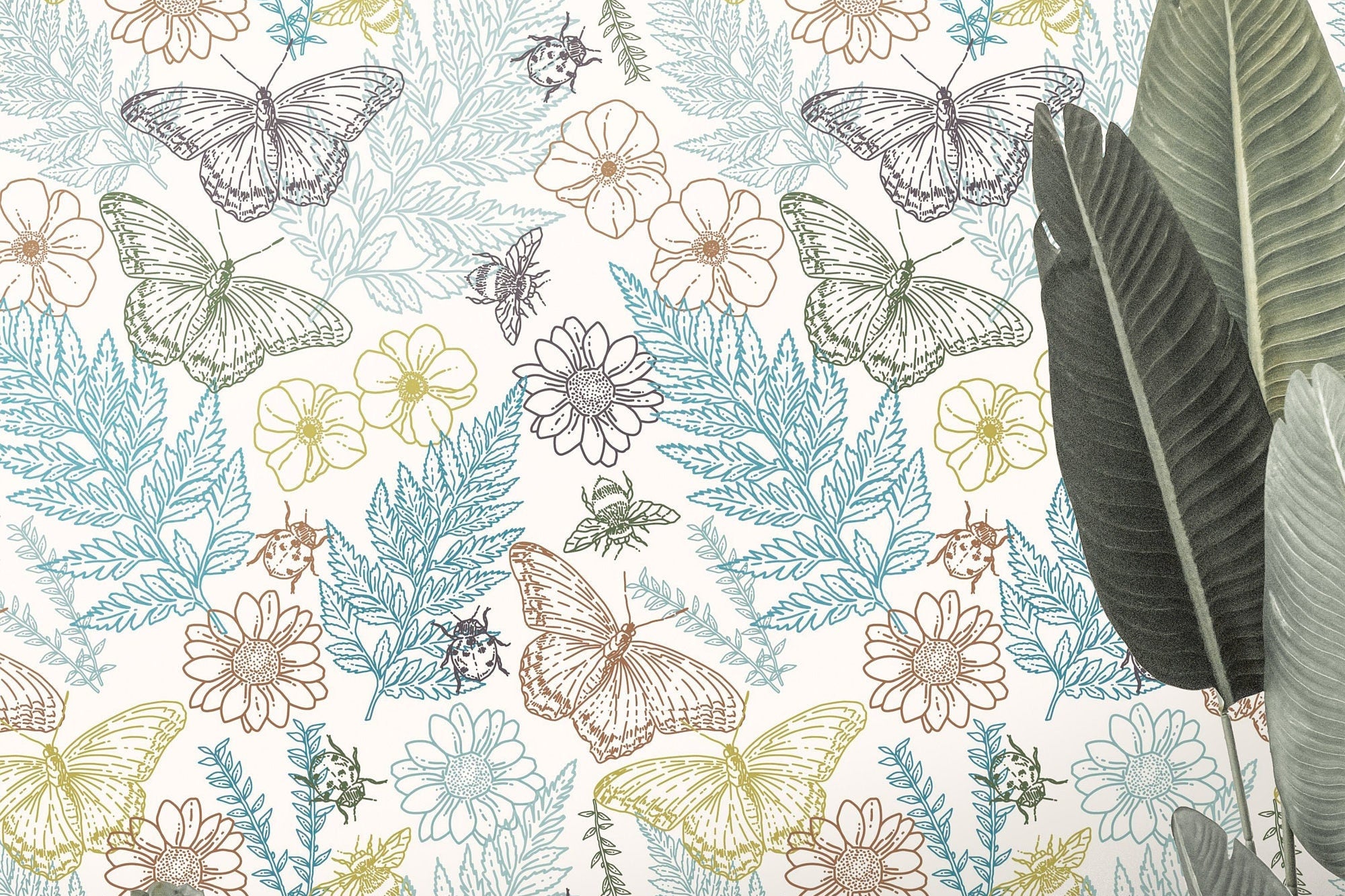 Wallpaper Peel and Stick Wallpaper Colorful Butterfly And Ferns Floral Removable Wallpaper Wall Decor Home Decor Wall Art Room Decor 3776 - JamesAndColors