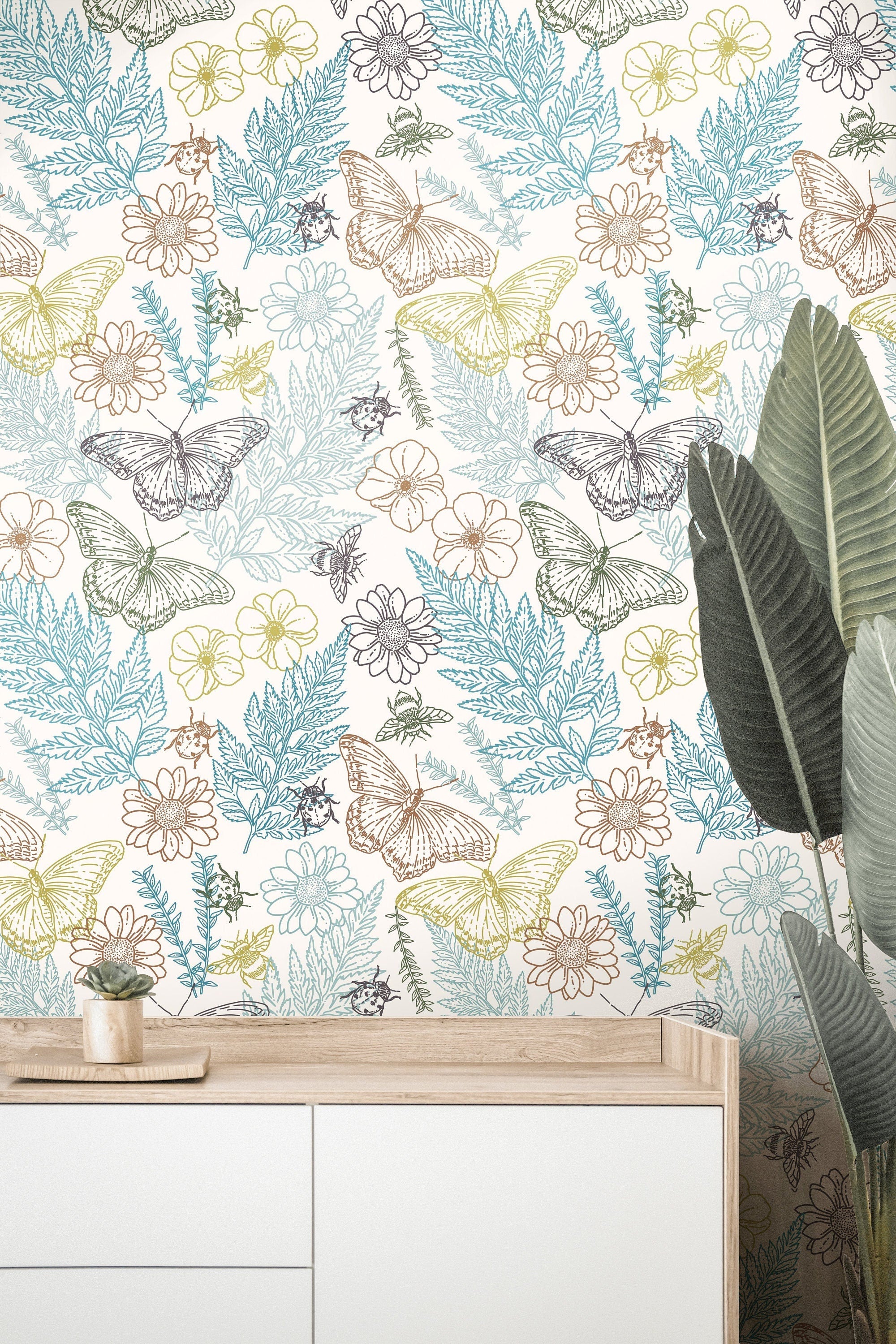 Wallpaper Peel and Stick Wallpaper Colorful Butterfly And Ferns Floral Removable Wallpaper Wall Decor Home Decor Wall Art Room Decor 3776 - JamesAndColors