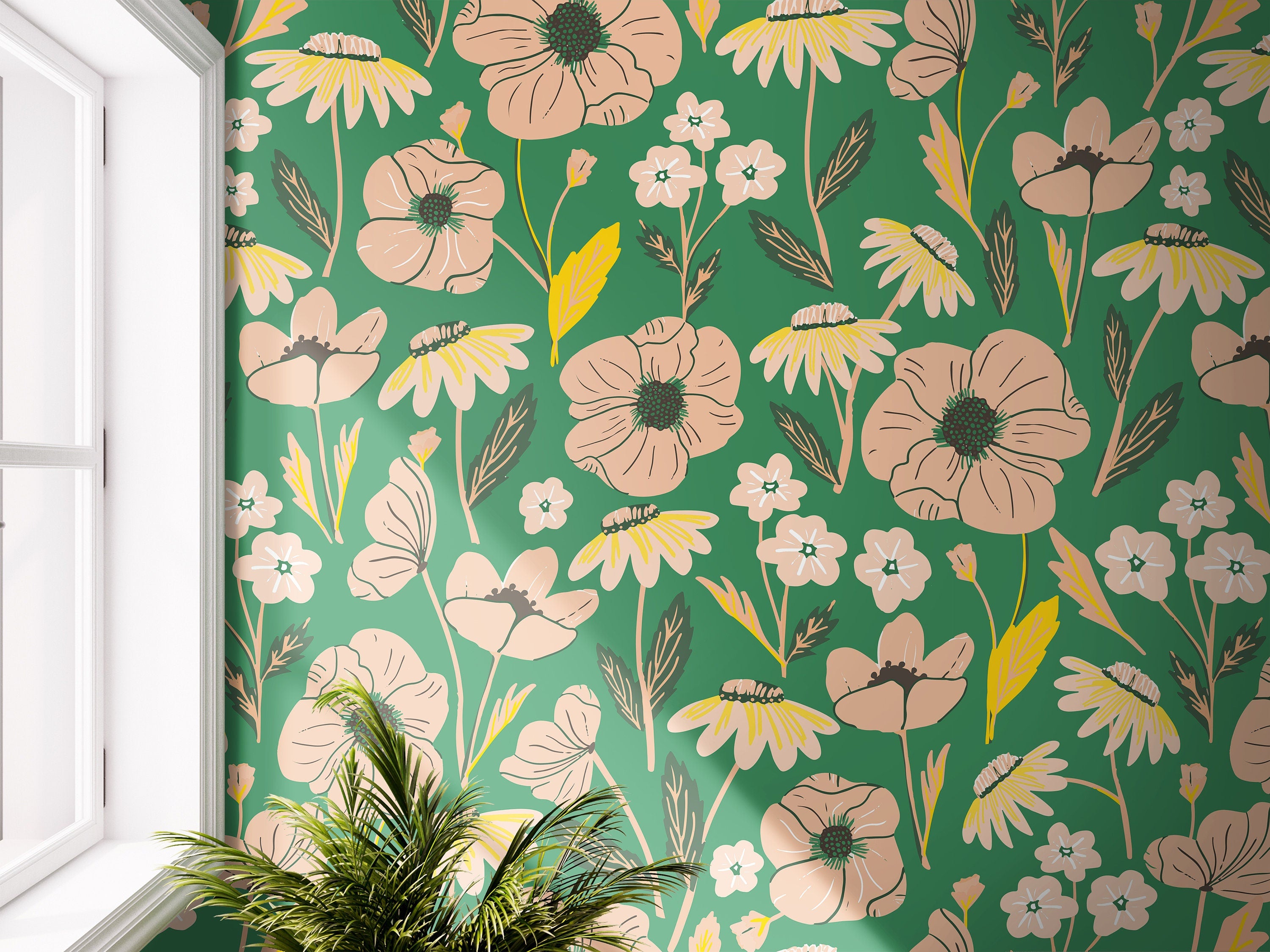 Green Pink Floral Wallpaper | Removable Wallpaper | Peel And Stick Wallpaper | Adhesive Wallpaper | Wall Paper Peel Stick Wall Mural 2307 - JamesAndColors