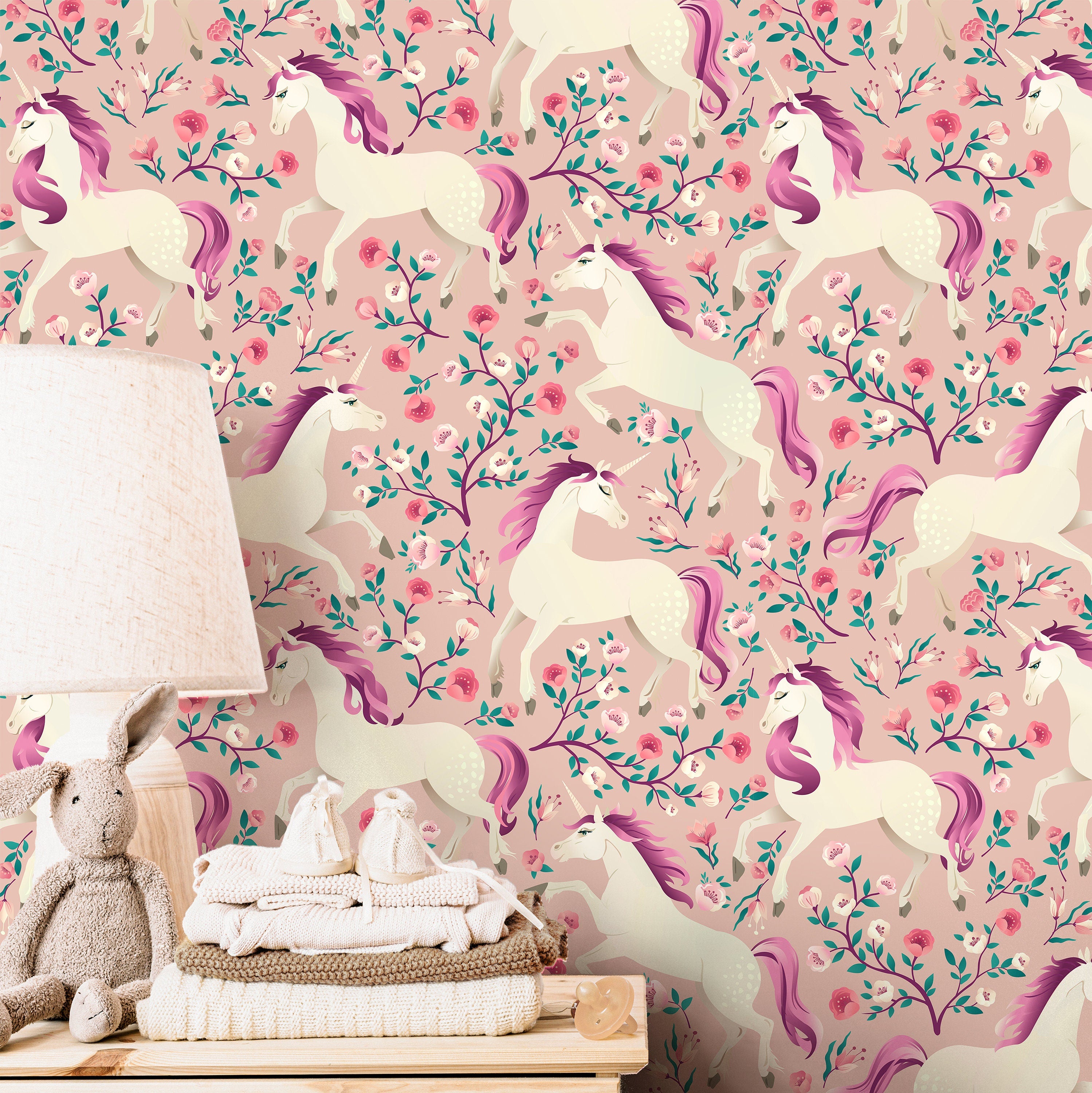 Floral Unicorn Wallpaper | Girls Nursery Wallpaper | Kids Wallpaper | Childrens Wallpaper | Peel Stick Wallpaper | Removable Wallpaper 3802 - JamesAndColors