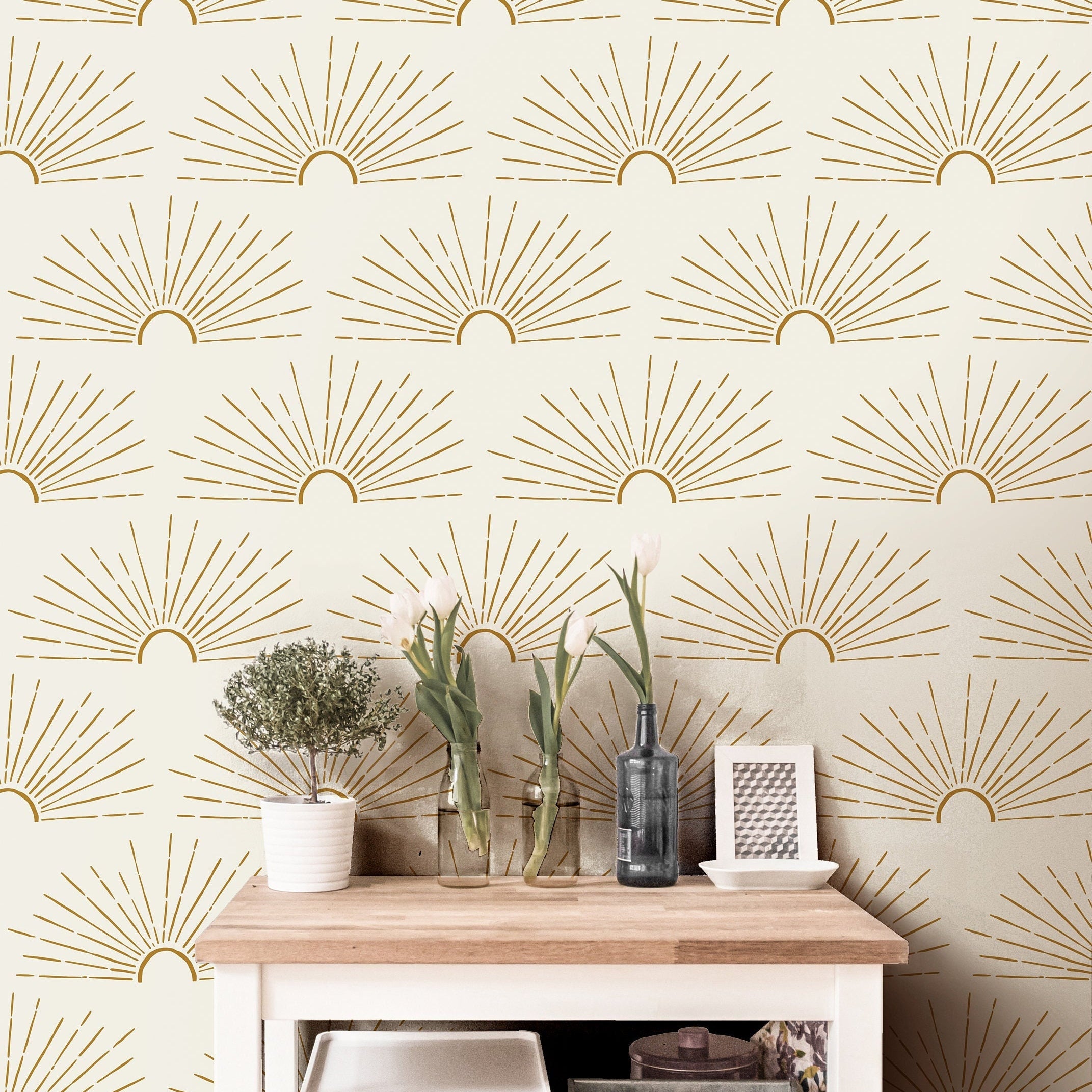 Wallpaper 3809: A warm and inviting interior featuring a boho-style sunburst wallpaper with golden hand-drawn sunrays, creating a cozy and modern aesthetic with natural decor elements.
