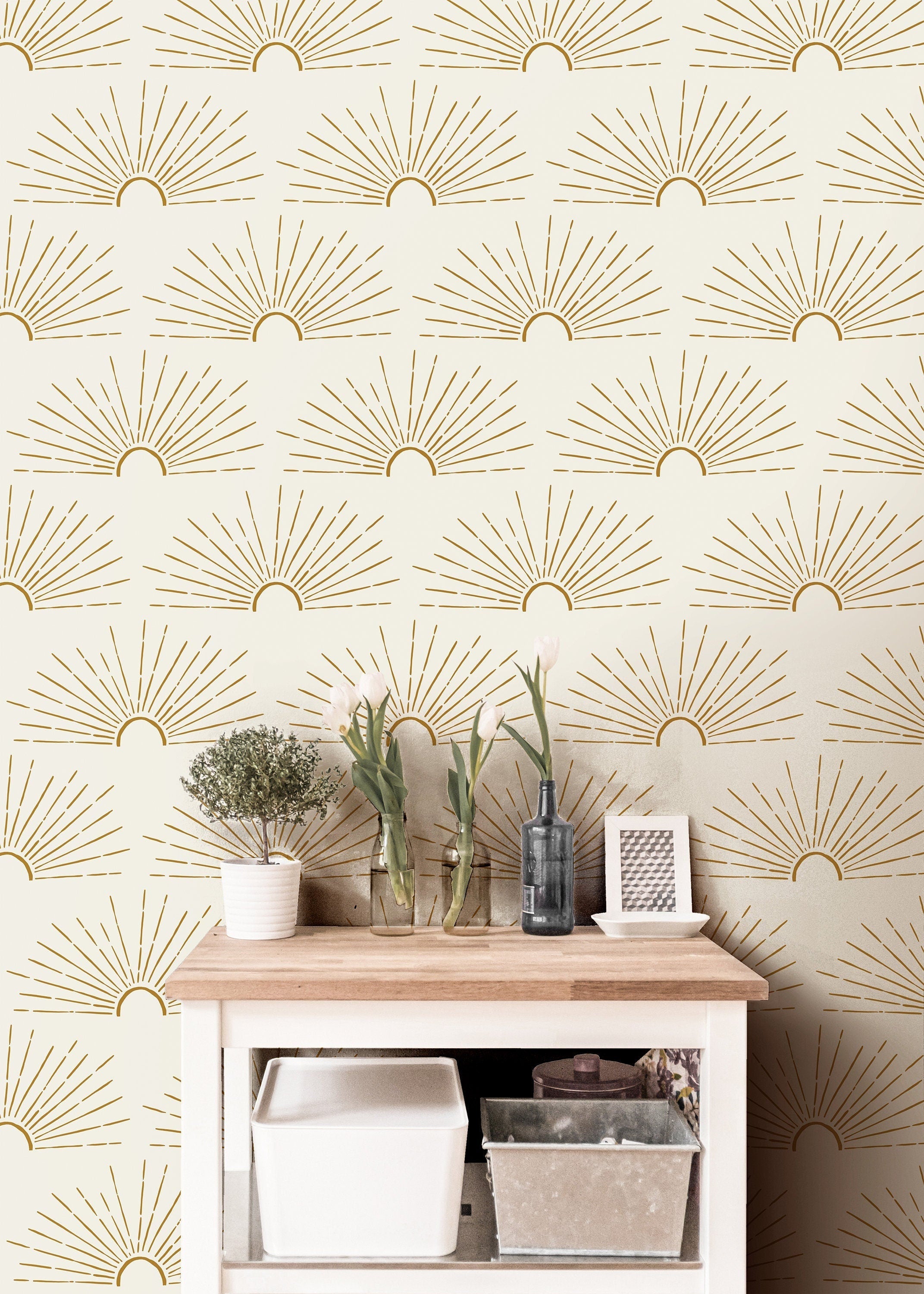Wallpaper 3809: A warm and inviting interior featuring a boho-style sunburst wallpaper with golden hand-drawn sunrays, creating a cozy and modern aesthetic with natural decor elements.
