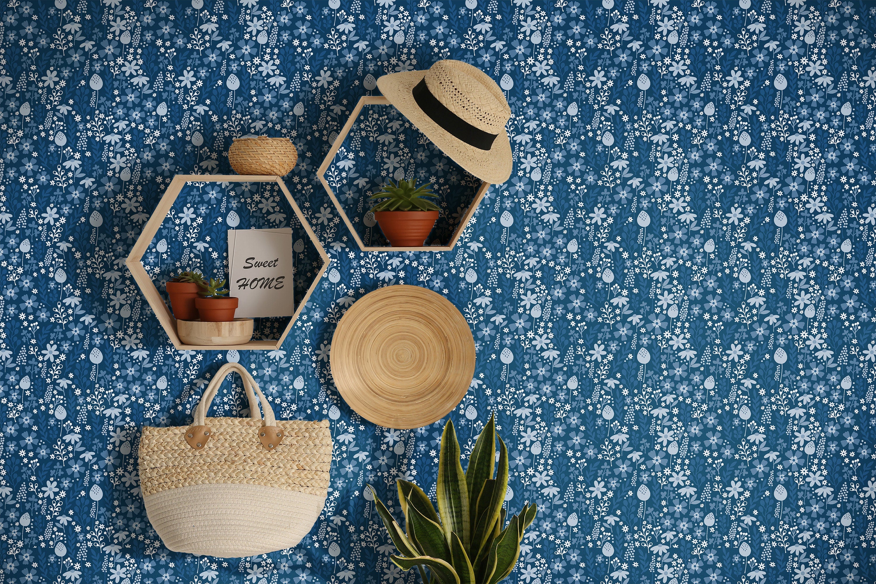 Busy Blue Floral Wallpaper Peel and Stick Wallpaper Removable Wallpaper Wall Decor Home Decor Wall Art Printable Wall Art Room Decor 3697 - JamesAndColors