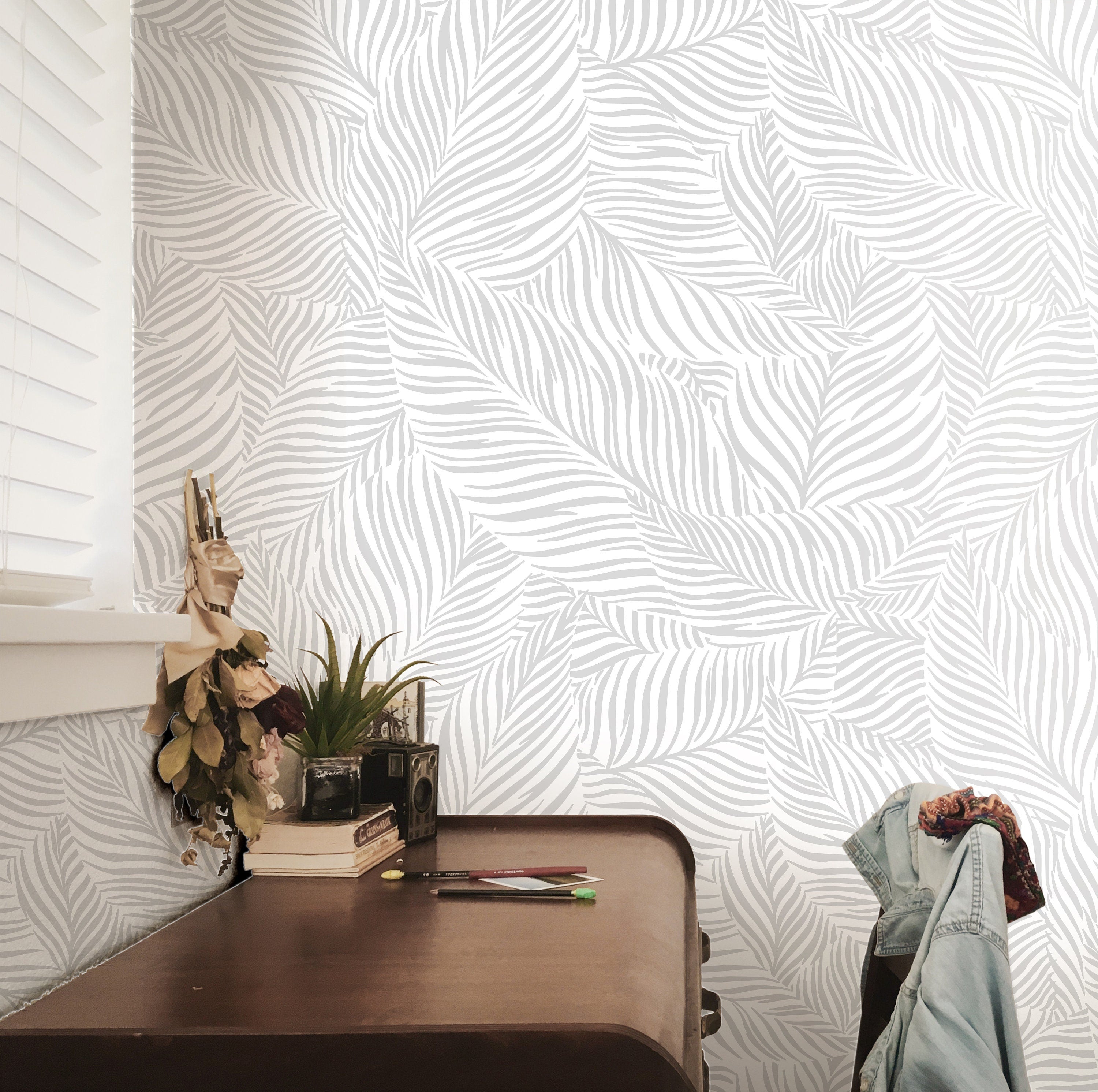 Removable Wallpaper Gray White Leaf Wallpaper | Peel And Stick Wallpaper | Adhesive Wallpaper | Wall Paper Peel Stick Wall Mural 3530 - JamesAndColors