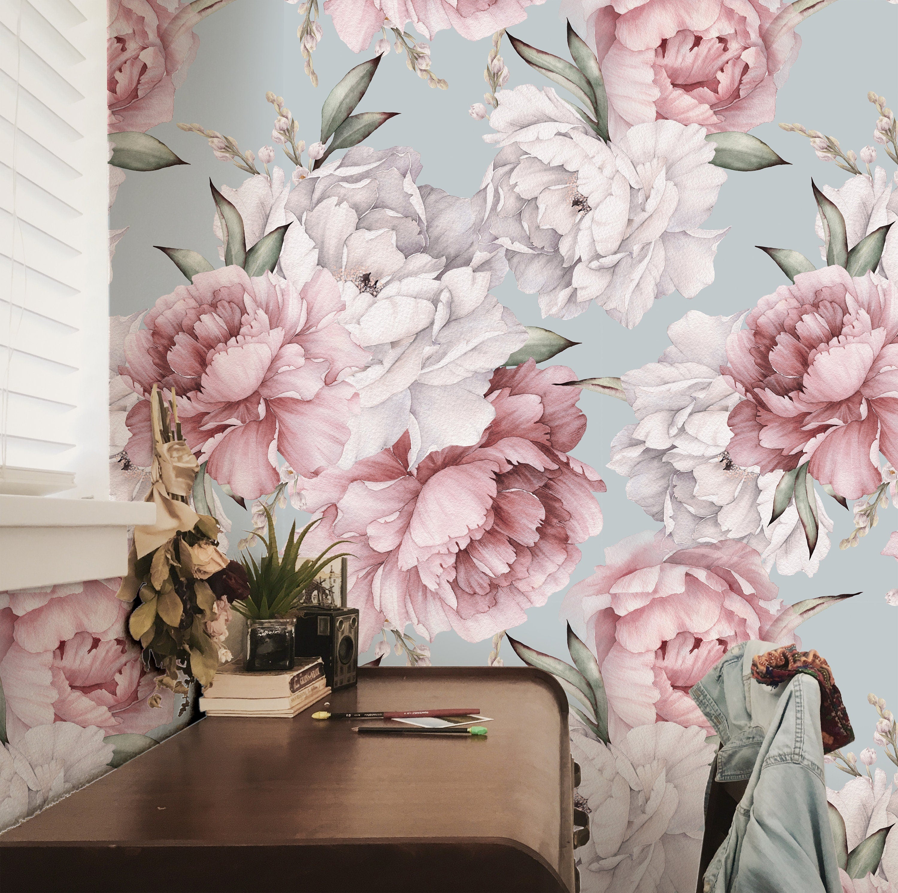 Large Floral Peony Wallpaper Peel and Stick Wallpaper Removable Wallpaper Wall Decor Home Decor Wall Art Printable Wall Art Room Decor 3713 - JamesAndColors