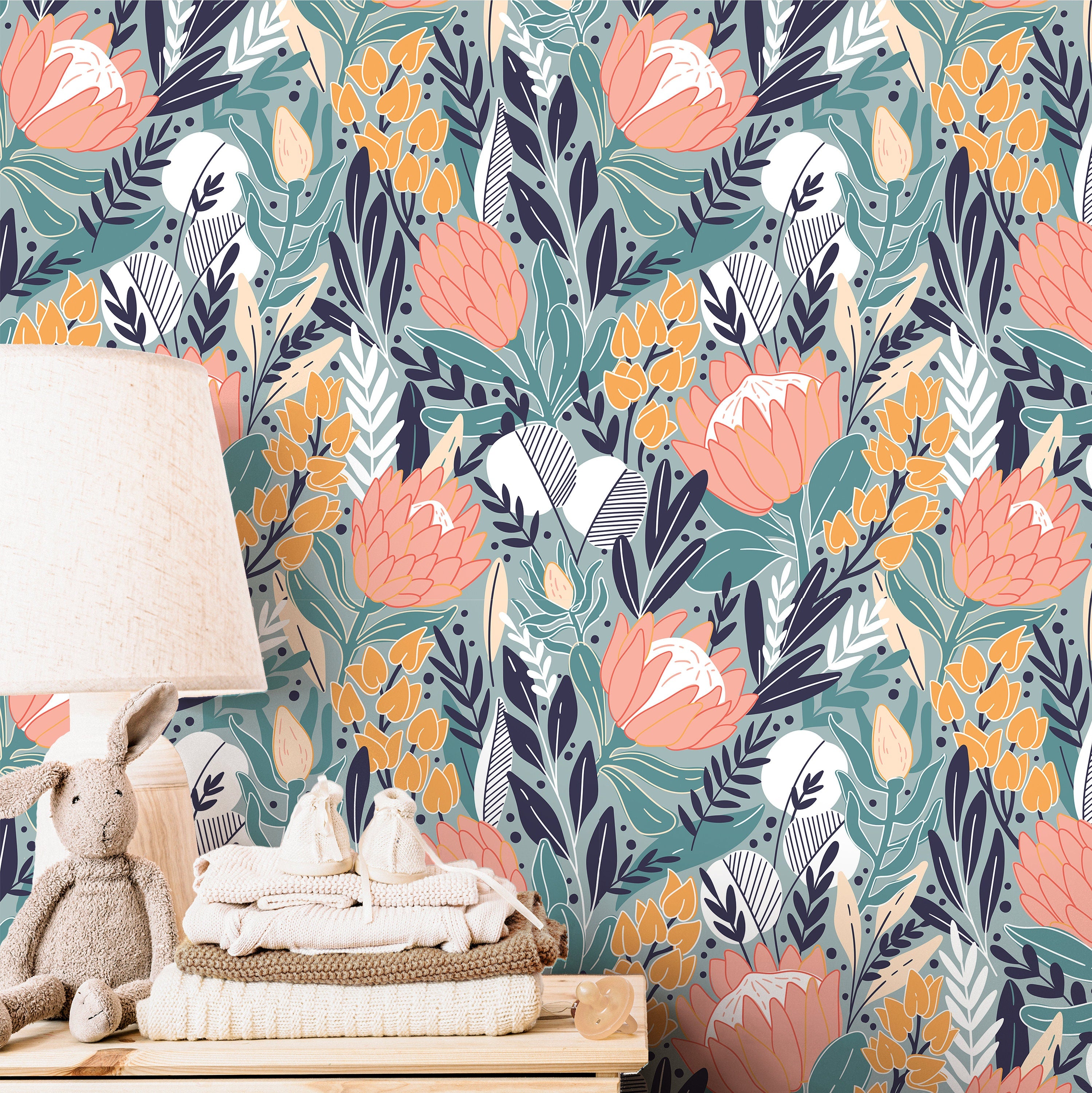 Protea Floral Wallpaper | Girls Nursery Wallpaper | Kids Wallpaper | Childrens Wallpaper | Peel Stick Wallpaper | Removable Wallpaper | 3566 - JamesAndColors