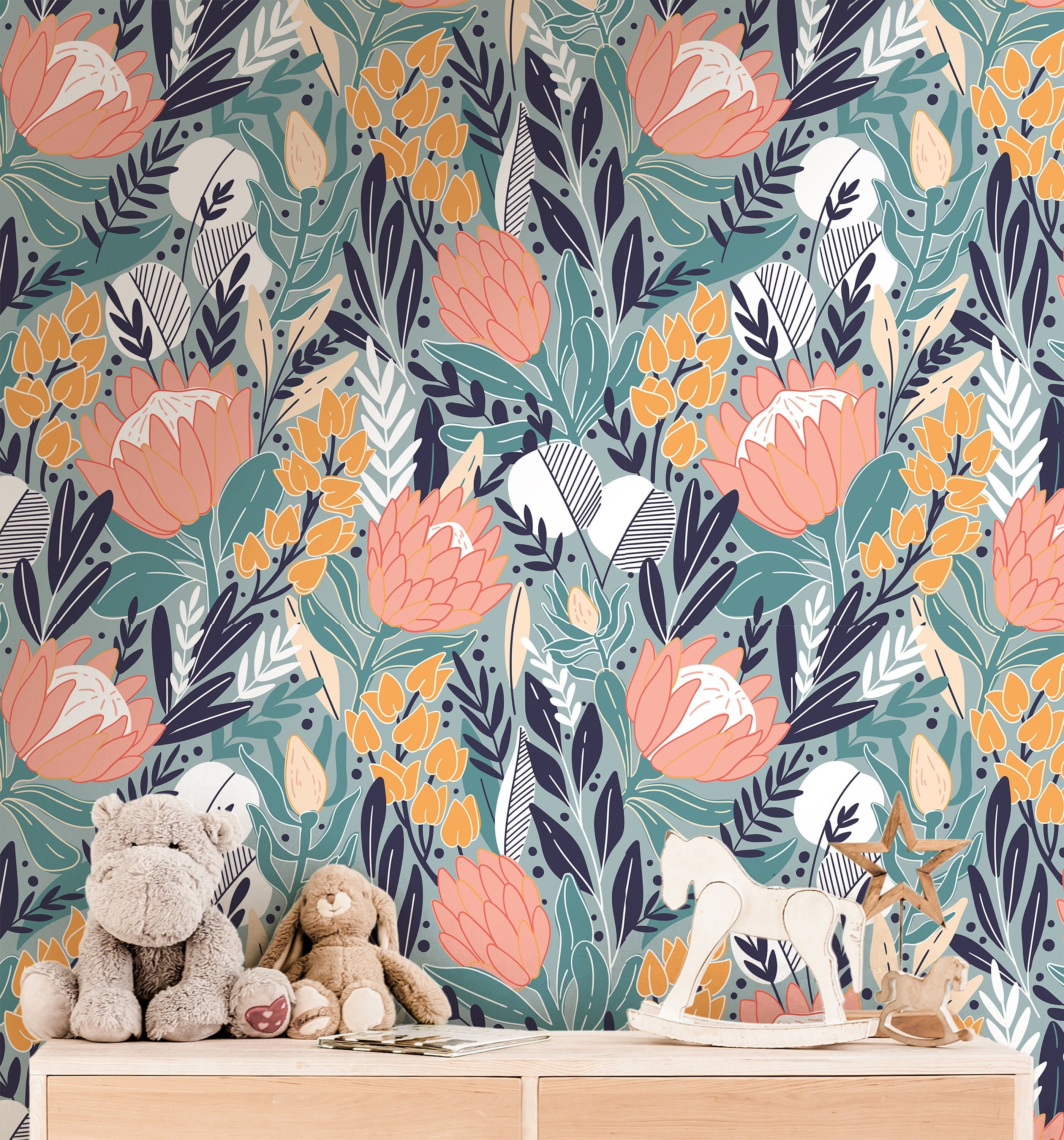 Protea Floral Wallpaper | Girls Nursery Wallpaper | Kids Wallpaper | Childrens Wallpaper | Peel Stick Wallpaper | Removable Wallpaper | 3566 - JamesAndColors