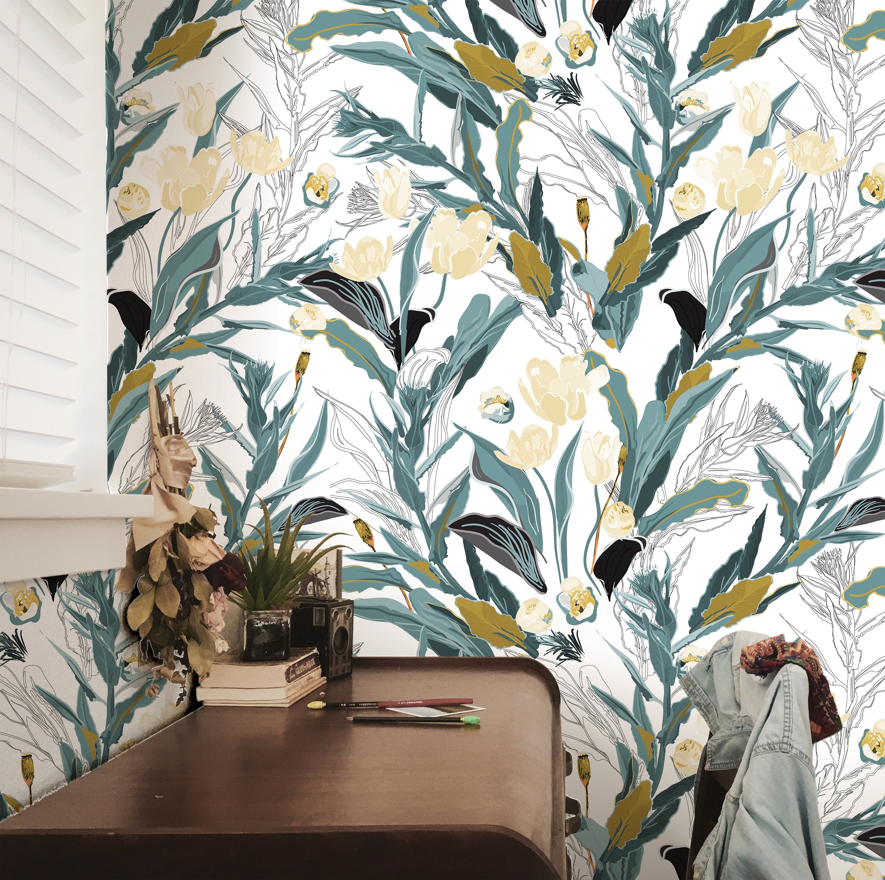 Green Gold Floral Wallpaper | Wallpaper Peel and Stick | Removable Wallpaper | Peel and Stick Wallpaper | Wall Paper Peel And Stick | 2234 - JamesAndColors
