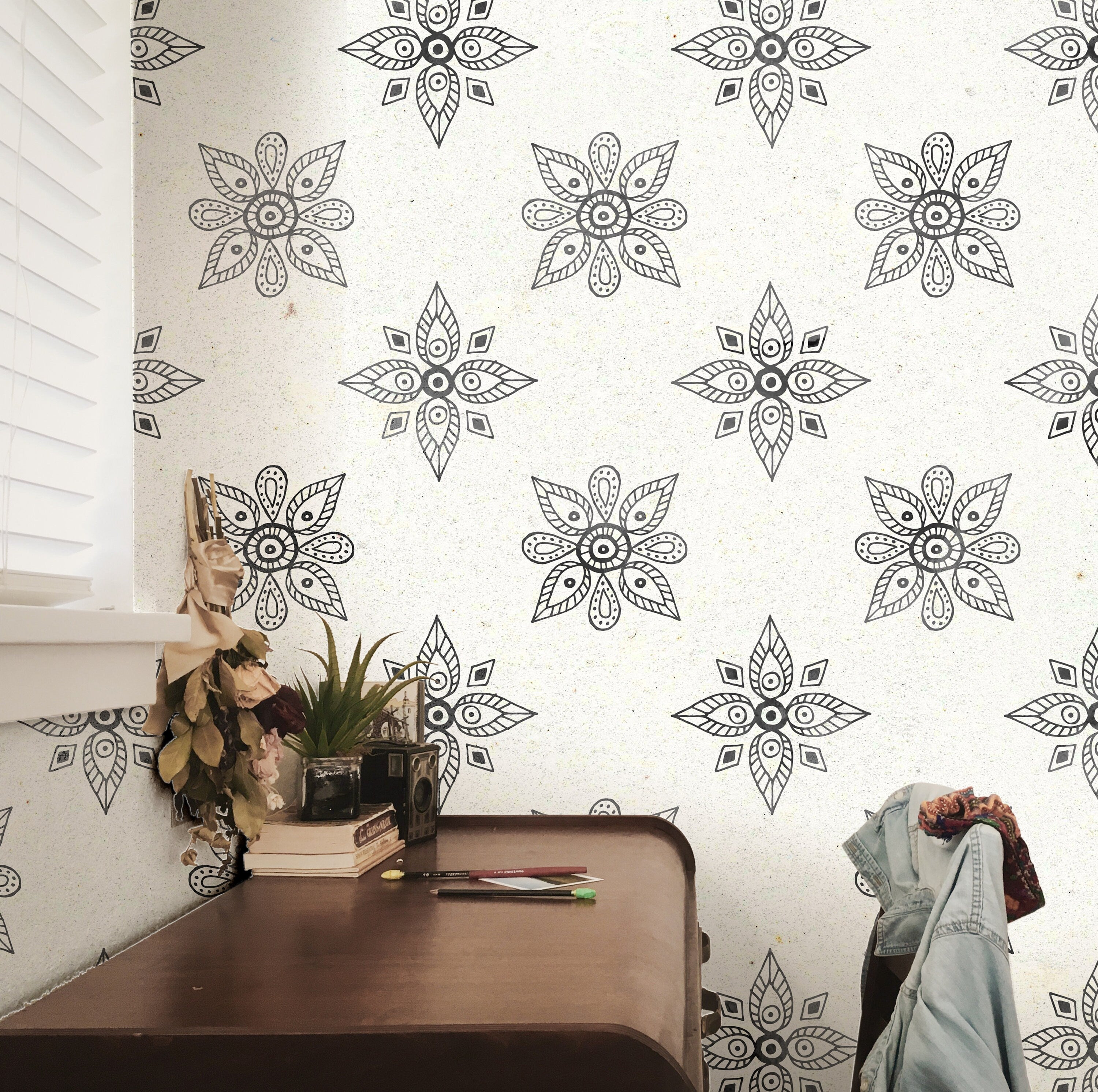 Distressed Boho Ink Wallpaper | Adhesive Wallpaper | Peel And Stick Wallpaper | Removable Wallpaper | Wall Paper Peel And Stick Mural 2301 - JamesAndColors