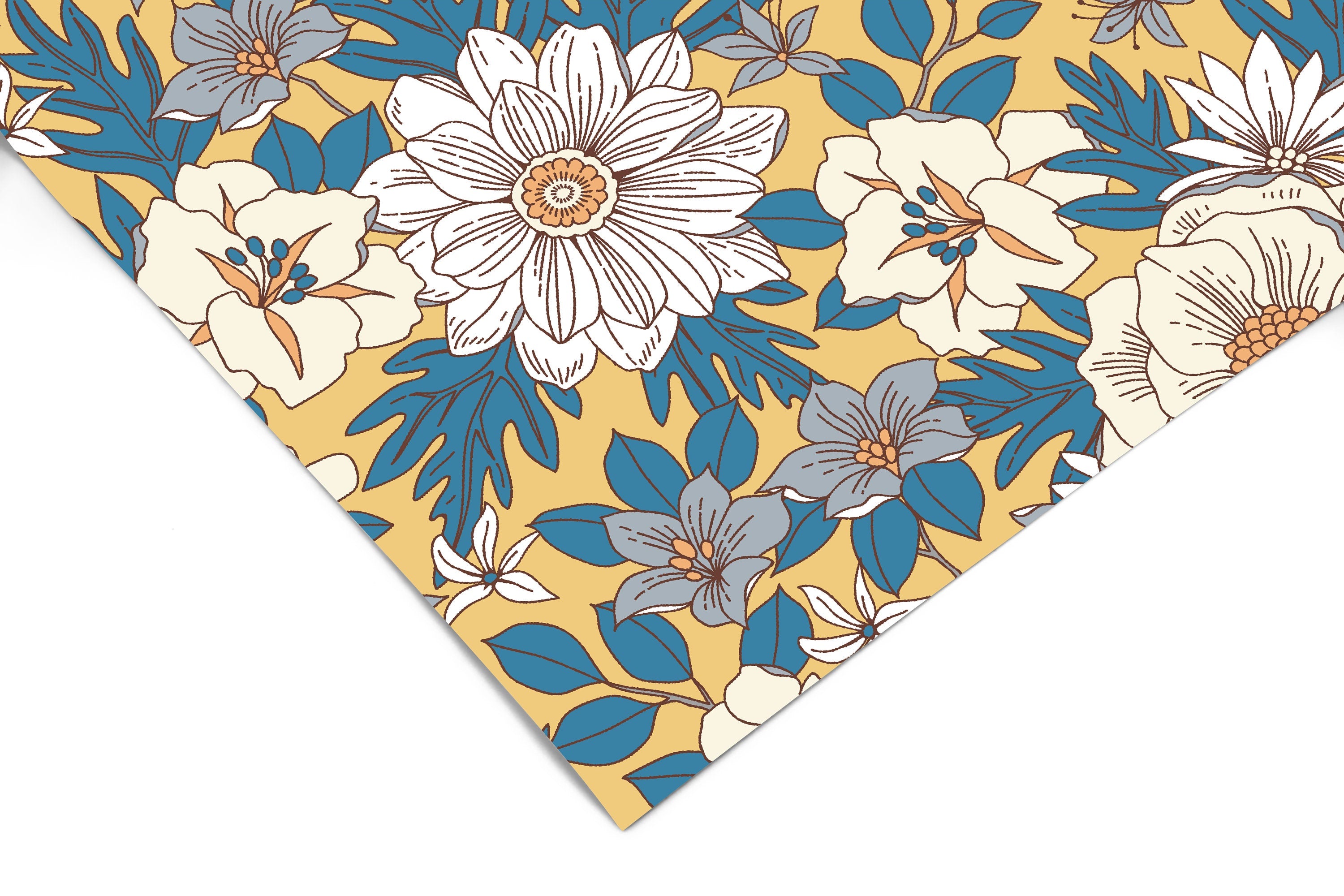 Yellow Gold Blue Floral Contact Paper | Peel And Stick Paper | Removable Wallpaper | Shelf Liner | Drawer Liner | Peel and Stick Paper 1123