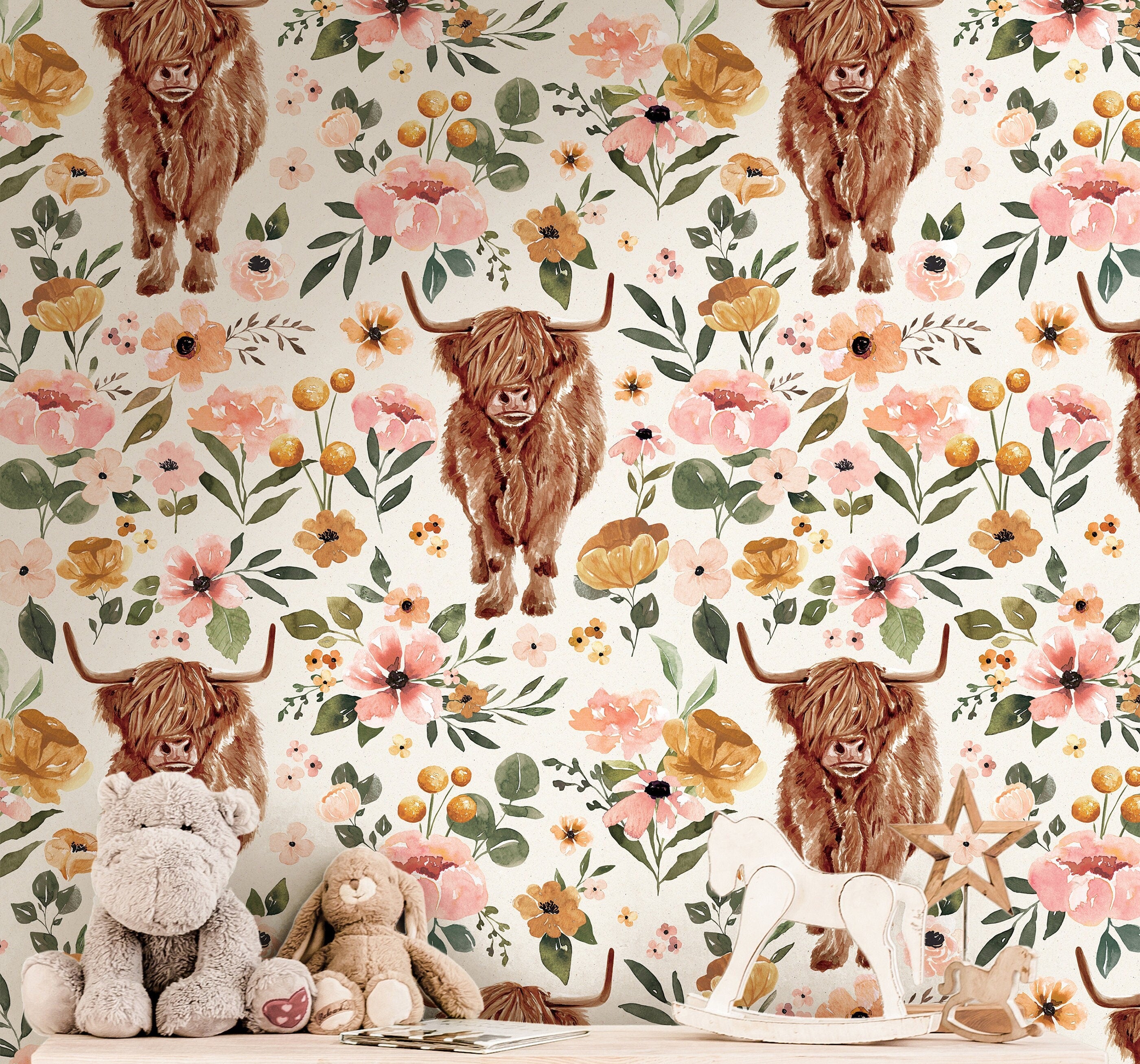 Wallpaper 3742: Rustic wallpaper featuring a repeating pattern of highland cows surrounded by soft watercolor wildflowers in warm peach, blush, and green tones, perfect for farmhouse and western-inspired spaces.