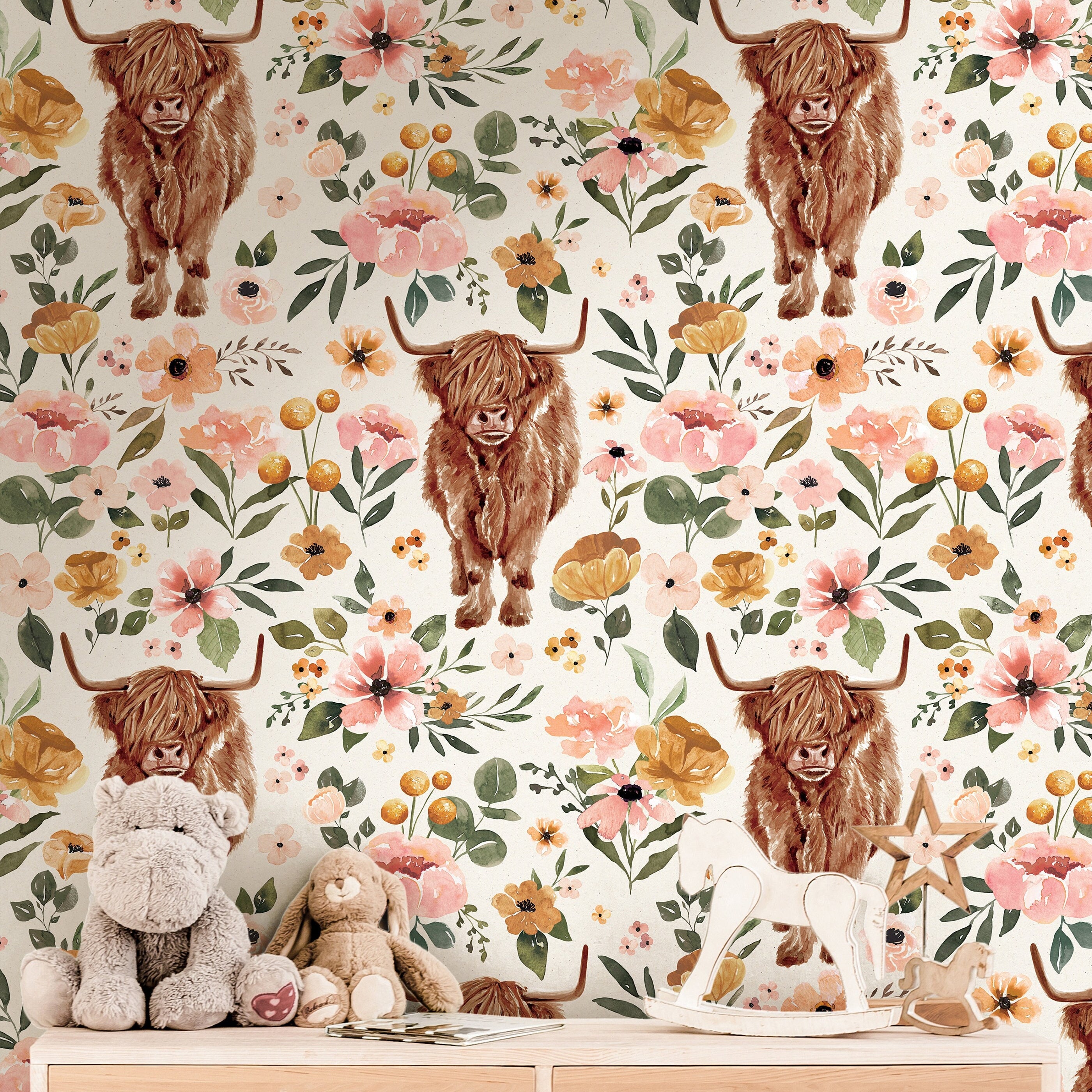 Wallpaper 3742: Rustic wallpaper featuring a repeating pattern of highland cows surrounded by soft watercolor wildflowers in warm peach, blush, and green tones, perfect for farmhouse and western-inspired spaces.