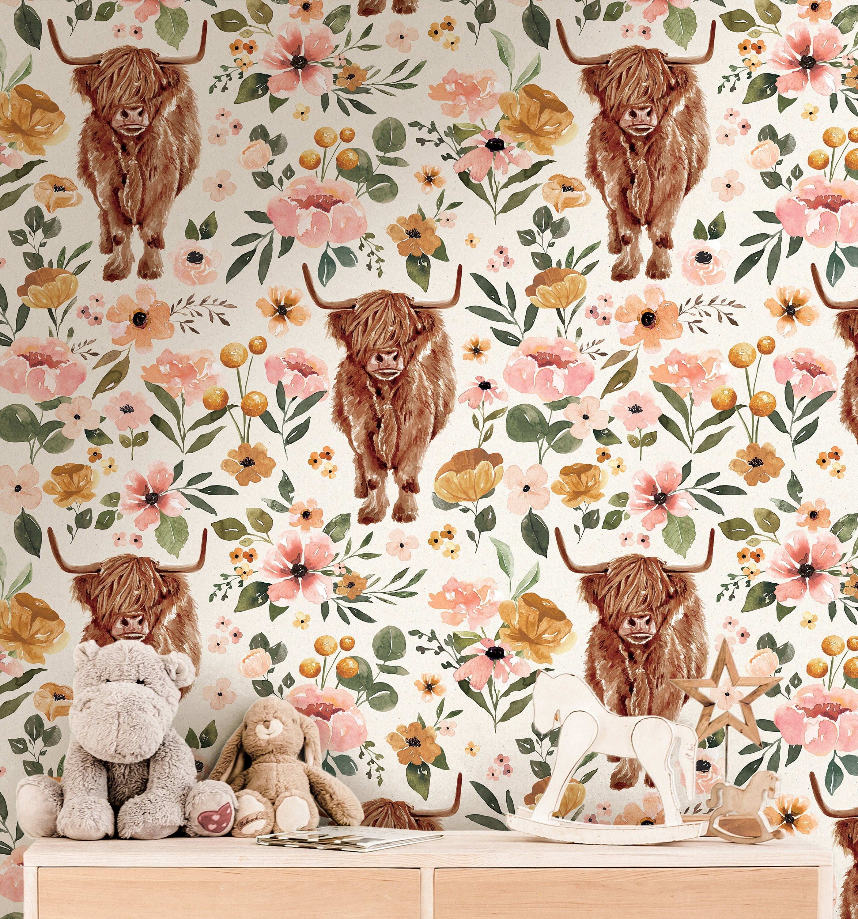Wallpaper 3742: Rustic wallpaper featuring a repeating pattern of highland cows surrounded by soft watercolor wildflowers in warm peach, blush, and green tones, perfect for farmhouse and western-inspired spaces.