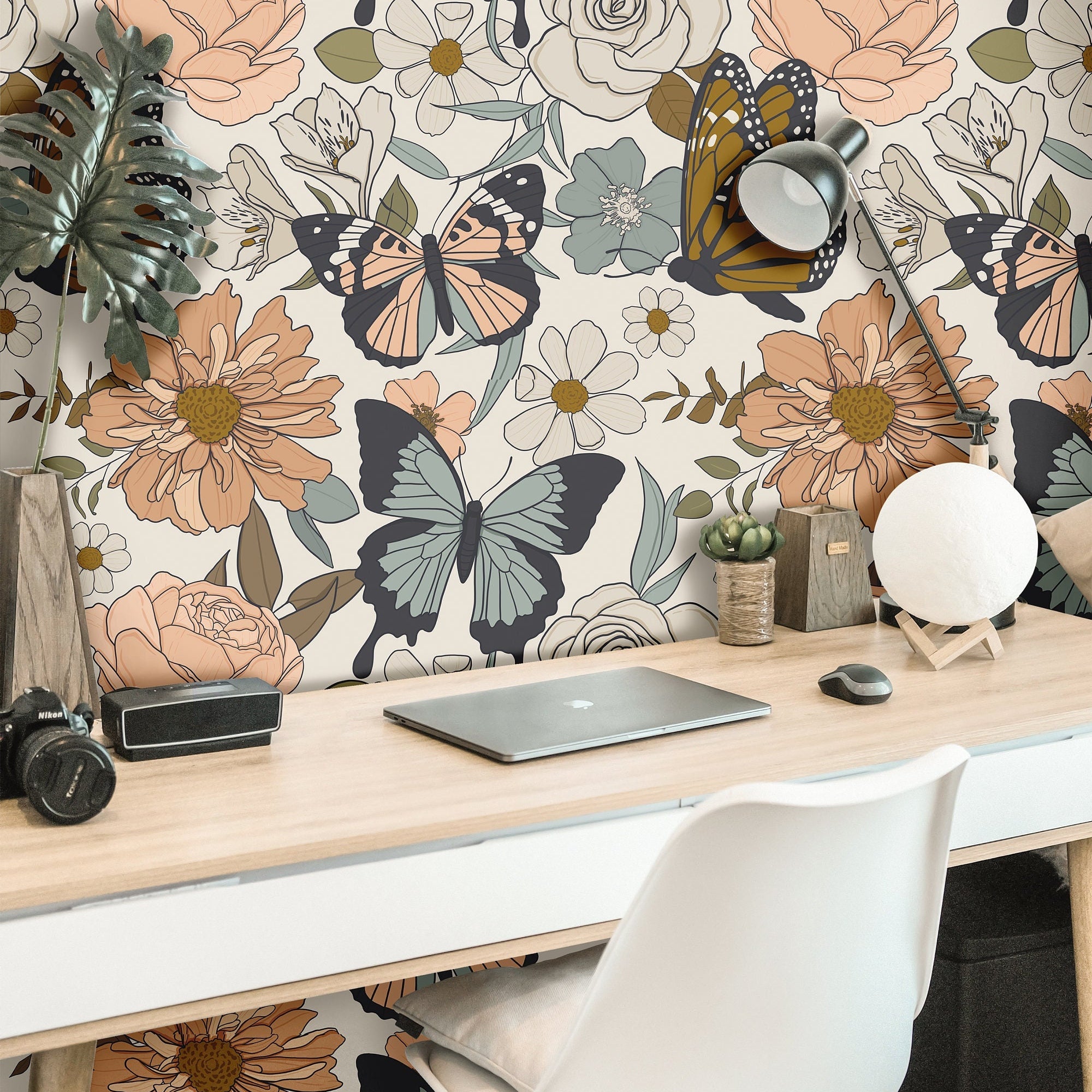 Wallpaper Peel and Stick Wallpaper Vintage Floral Butterfly Removable Wallpaper Wall Decor Home Decor Wall Art Room Decor 3743 - JamesAndColors