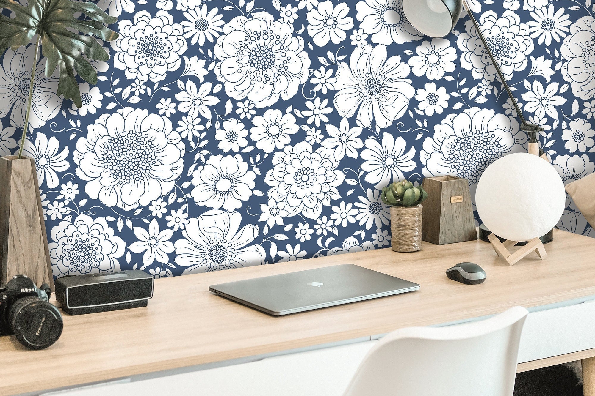 Wallpaper Peel and Stick Wallpaper Blue and White Stamped Floral Removable Wallpaper Wall Decor Home Decor Wall Art Room Decor 3744 - JamesAndColors