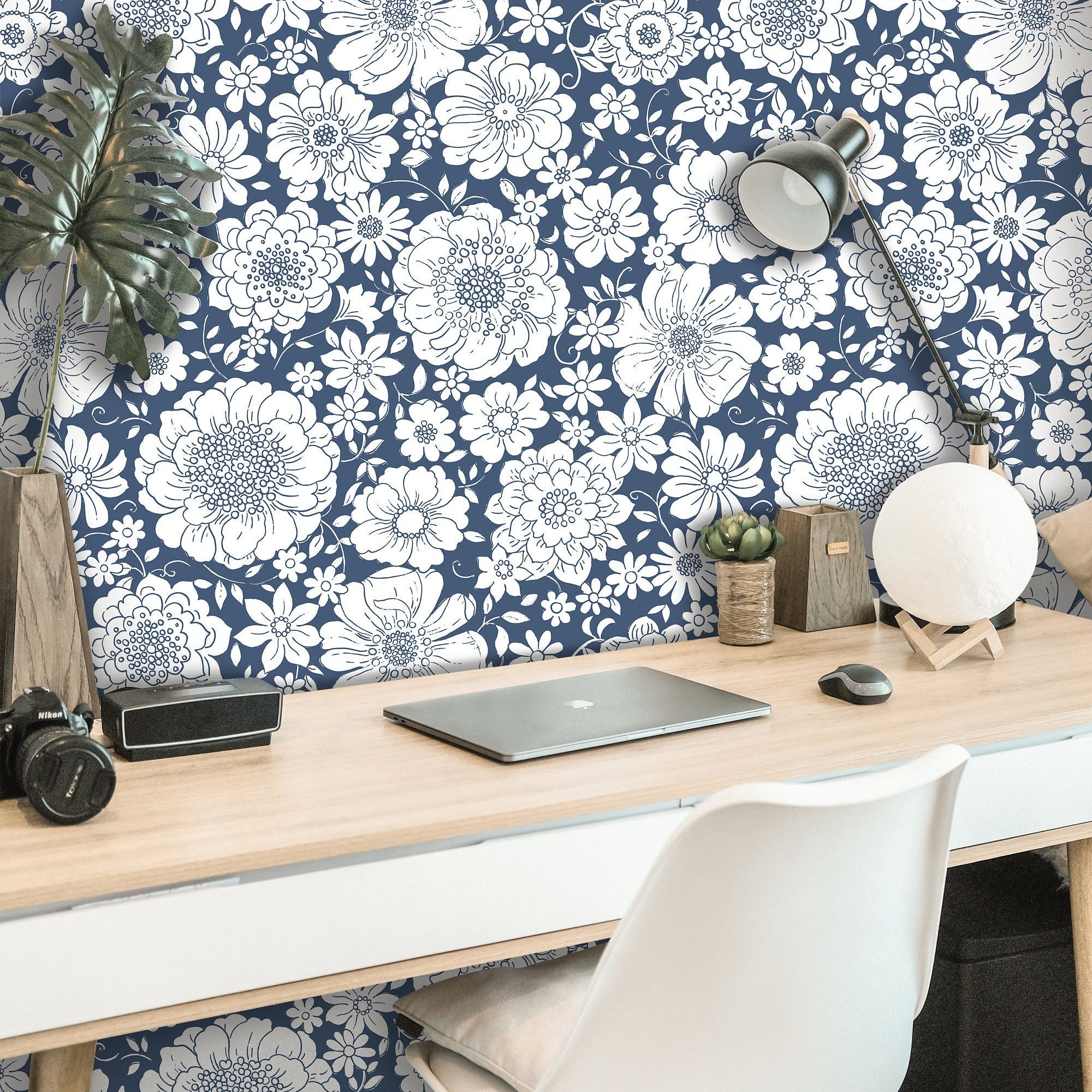 Wallpaper Peel and Stick Wallpaper Blue and White Stamped Floral Removable Wallpaper Wall Decor Home Decor Wall Art Room Decor 3744 - JamesAndColors