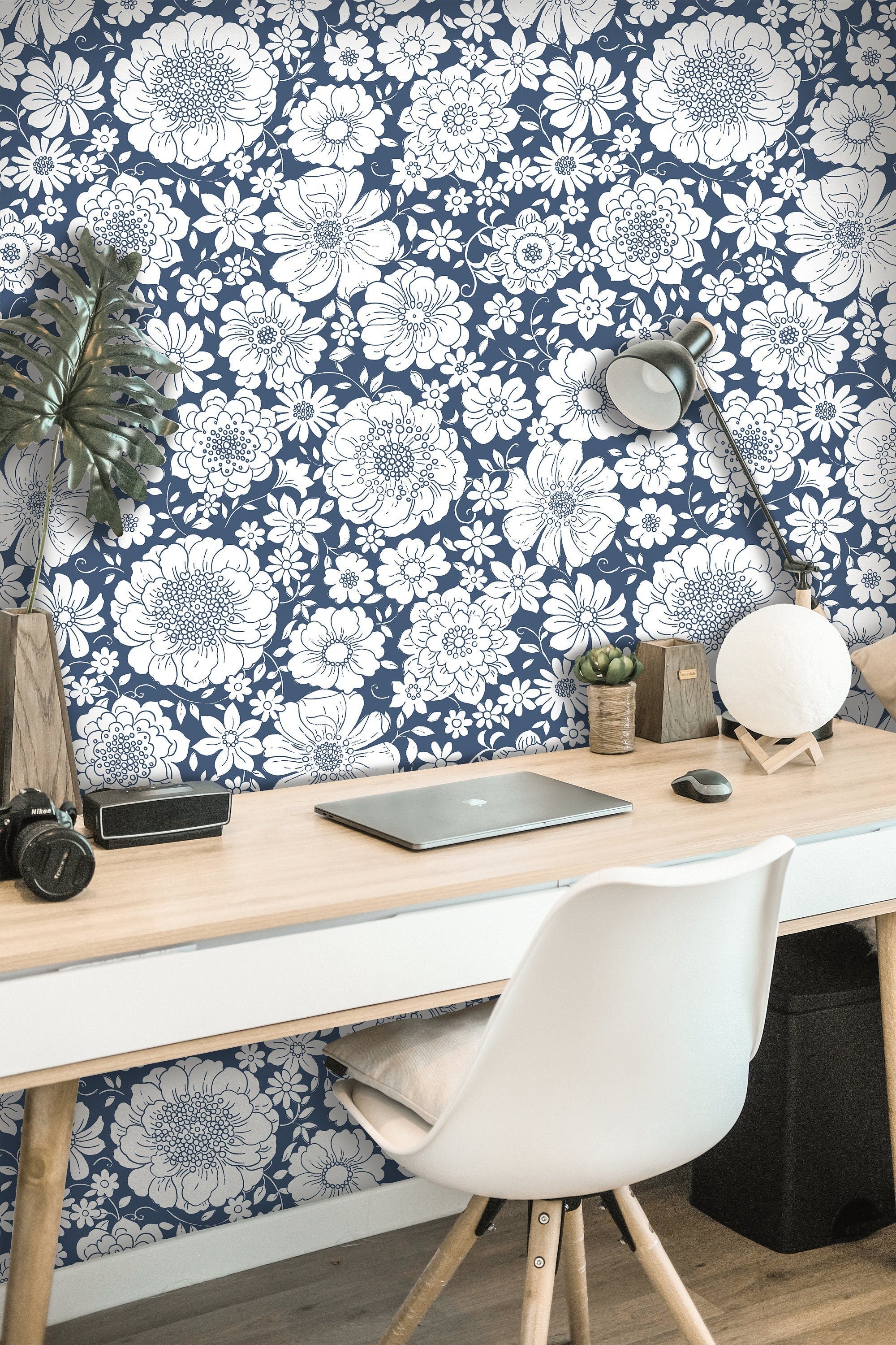 Wallpaper Peel and Stick Wallpaper Blue and White Stamped Floral Removable Wallpaper Wall Decor Home Decor Wall Art Room Decor 3744 - JamesAndColors