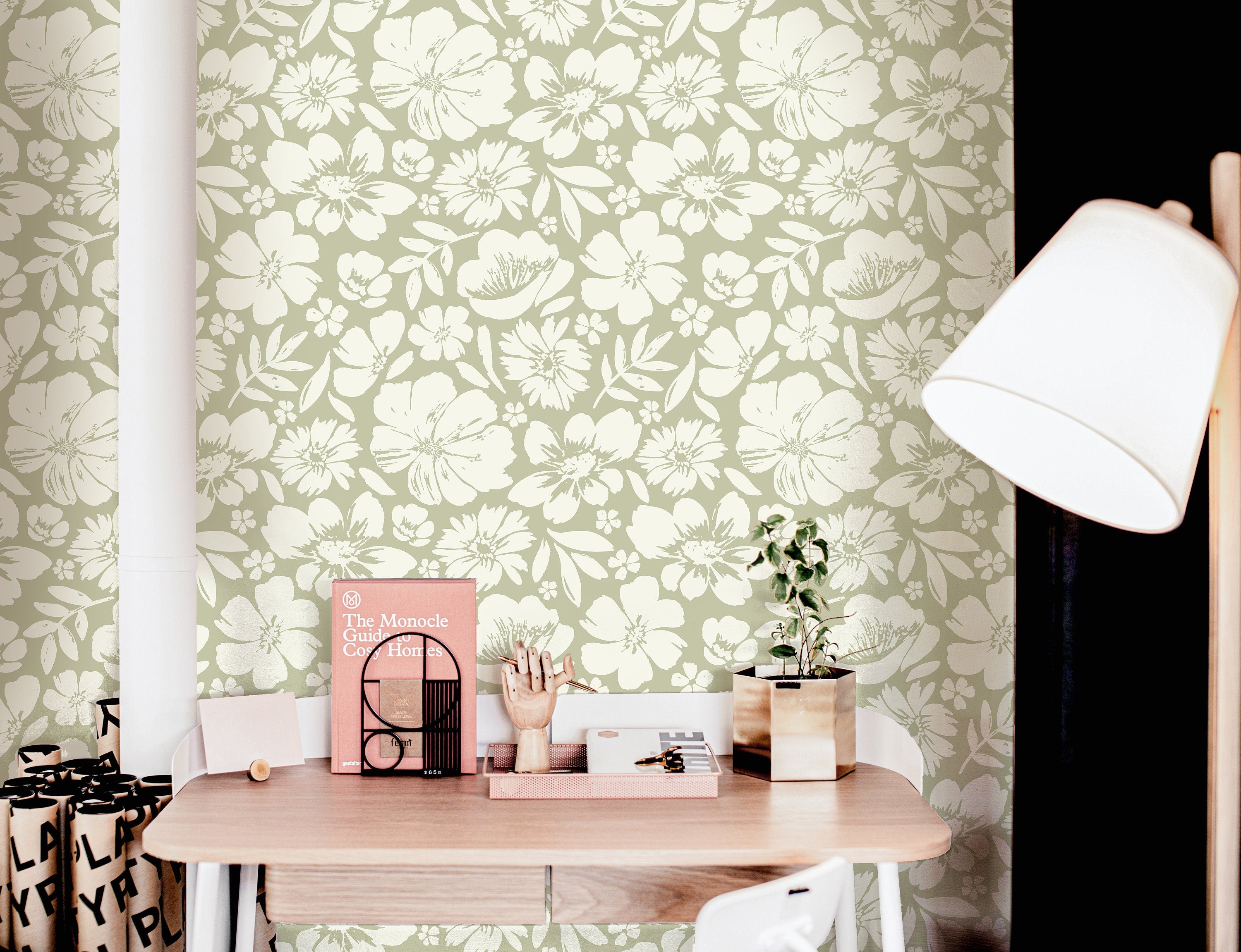 Wallpaper Peel and Stick Wallpaper Muted Olive and White Floral Stamped Removable Wallpaper Wall Decor Home Decor Wall Art Room Decor 3747 - JamesAndColors