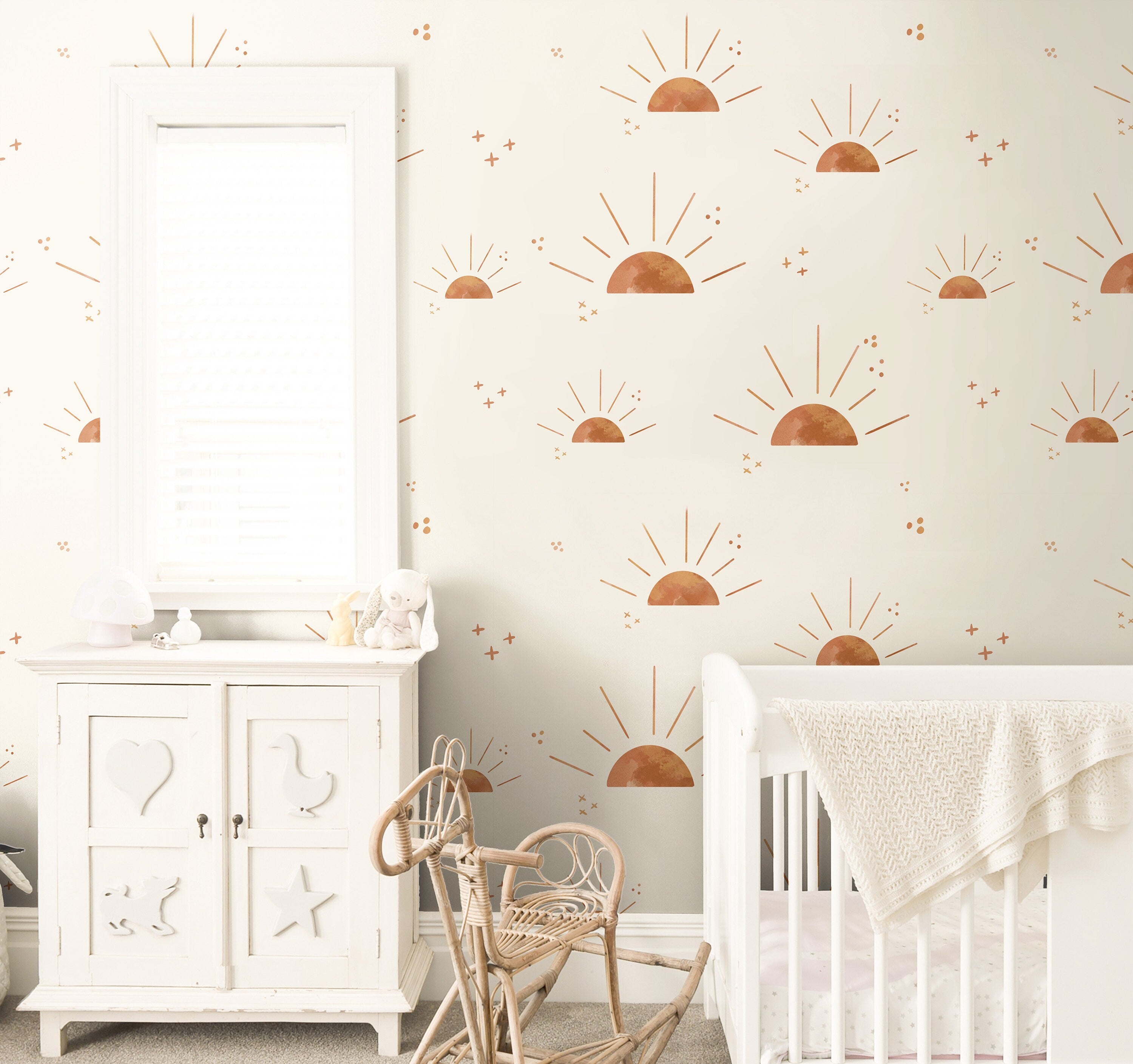 Golden Sun and Stars Boho Wallpaper | Girls Nursery Wallpaper | Kids Wallpaper | Childrens Wallpaper | Peel Stick Removable Wallpaper | 3845 - JamesAndColors