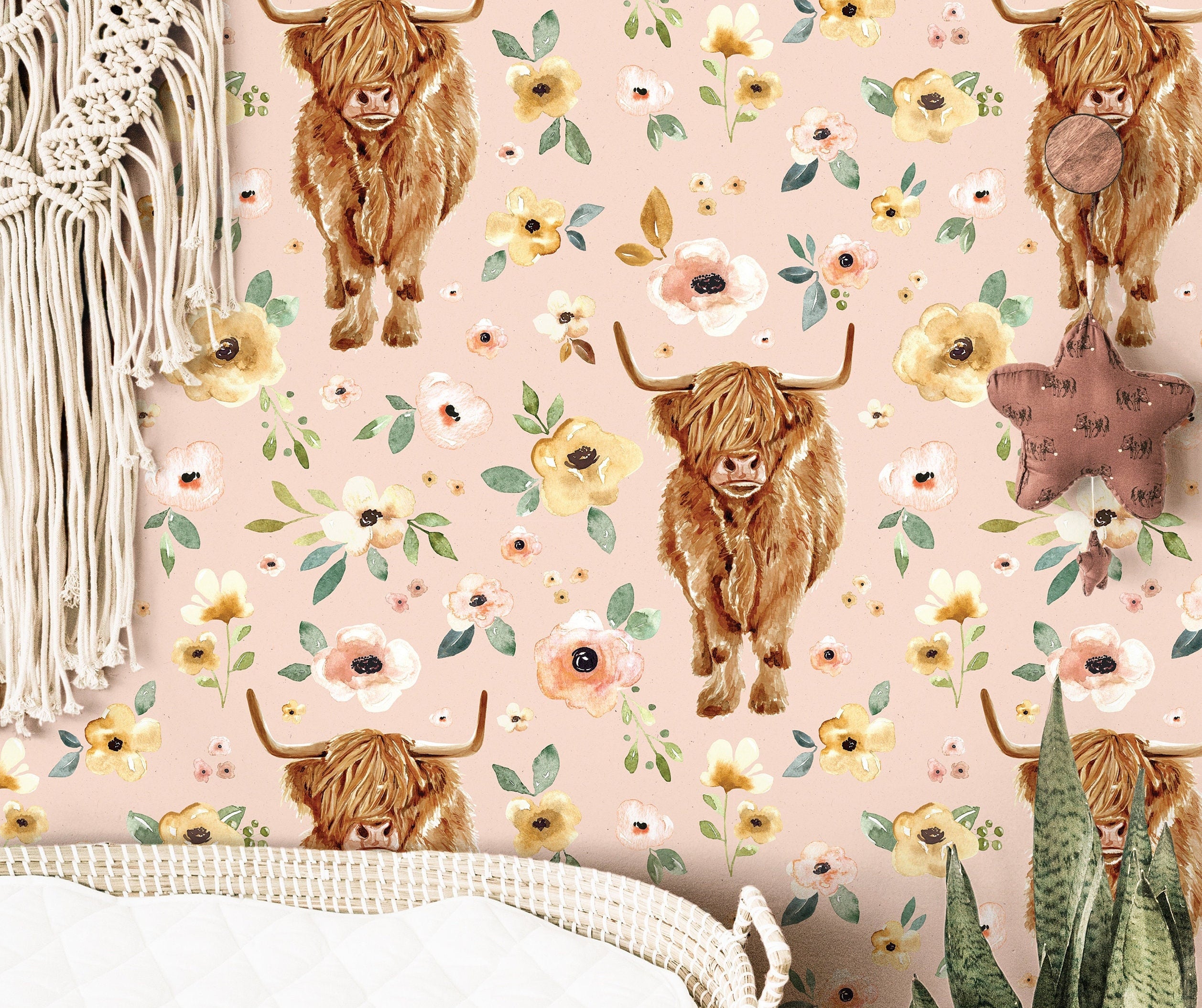 Highland Cow Floral Girls Wallpaper | Girls Nursery Wallpaper | Kids Wallpaper | Childrens Wallpaper | Peel Stick Removable Wallpaper | 3843 - JamesAndColors