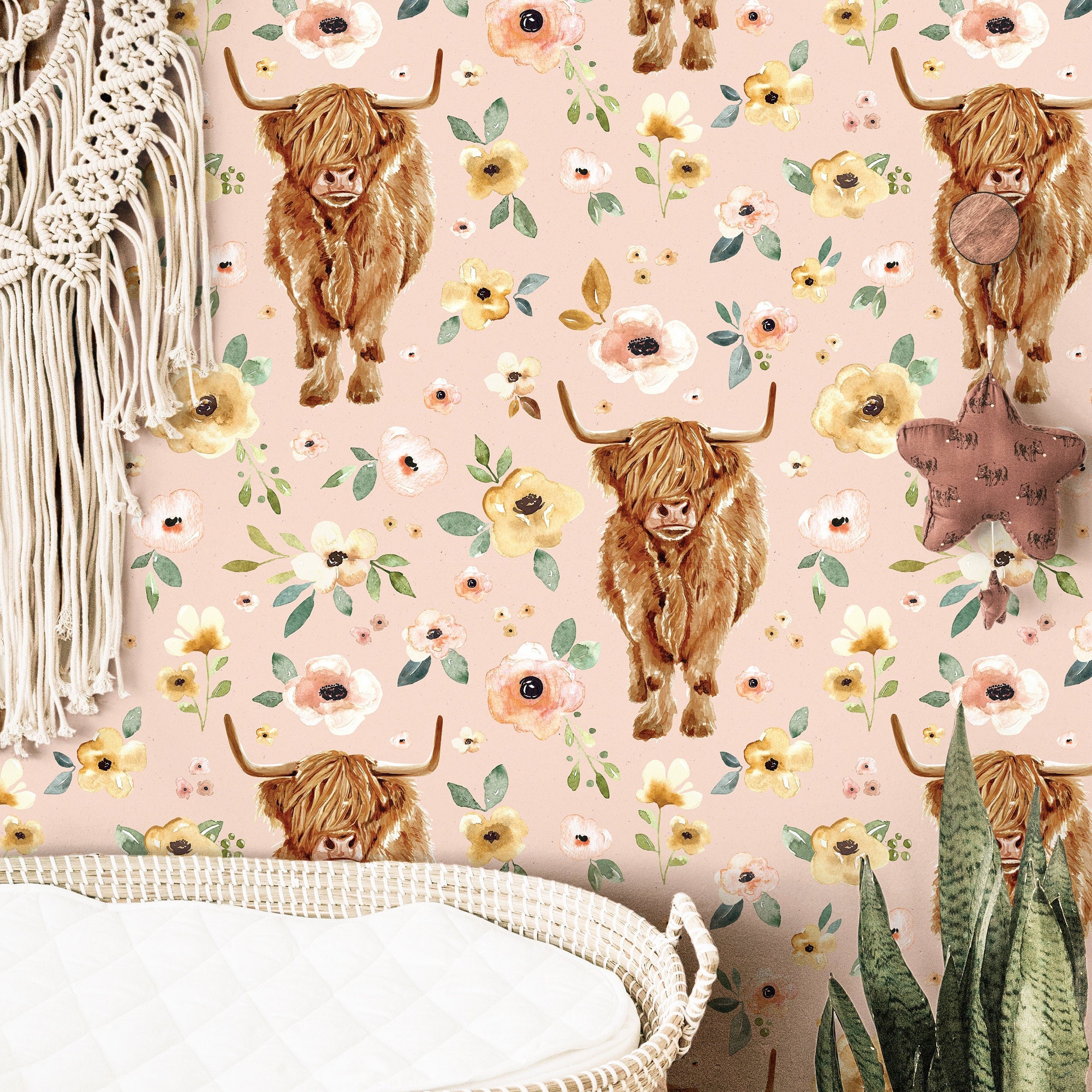 Highland Cow Floral Girls Wallpaper | Girls Nursery Wallpaper | Kids Wallpaper | Childrens Wallpaper | Peel Stick Removable Wallpaper | 3843 - JamesAndColors