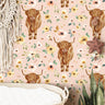 Highland Cow Floral Girls Wallpaper | Girls Nursery Wallpaper | Kids Wallpaper | Childrens Wallpaper | Peel Stick Removable Wallpaper | 3843 - JamesAndColors