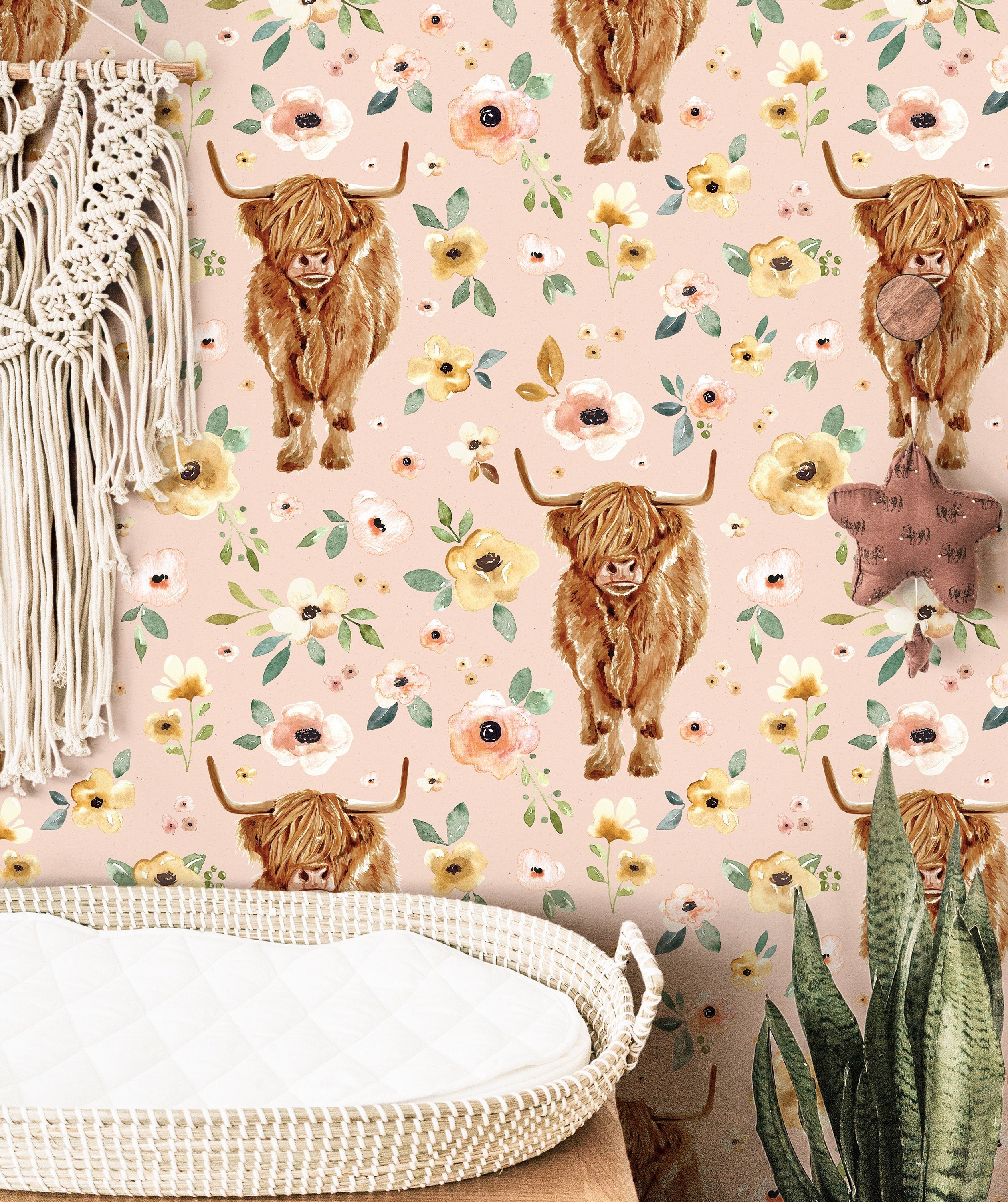 Highland Cow Floral Girls Wallpaper | Girls Nursery Wallpaper | Kids Wallpaper | Childrens Wallpaper | Peel Stick Removable Wallpaper | 3843 - JamesAndColors