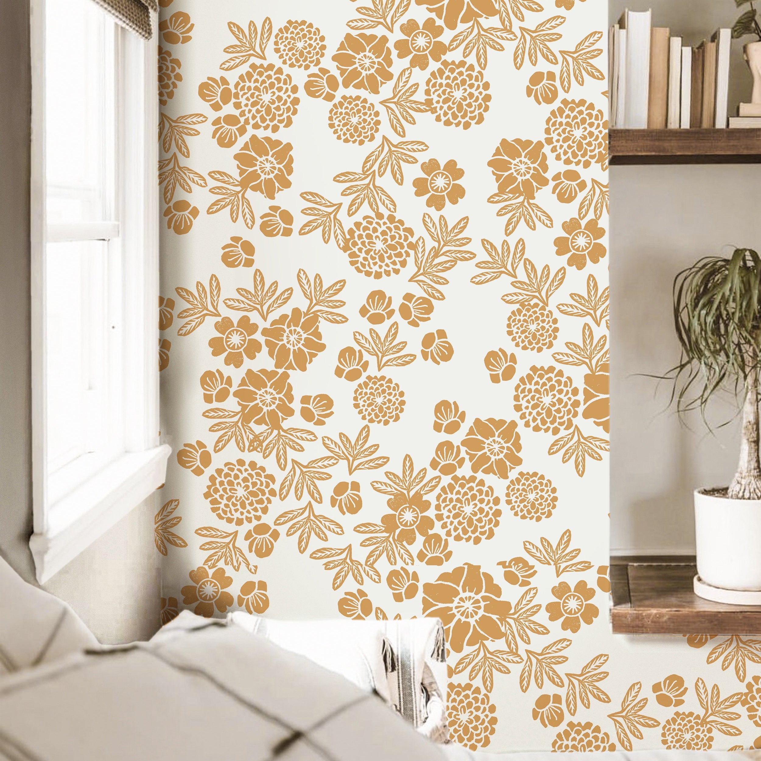 Wallpaper Peel and Stick Wallpaper Golden Yellow Stamped Floral Removable Wallpaper Wall Decor Home Decor Wall Art Room Decor 3745 - JamesAndColors