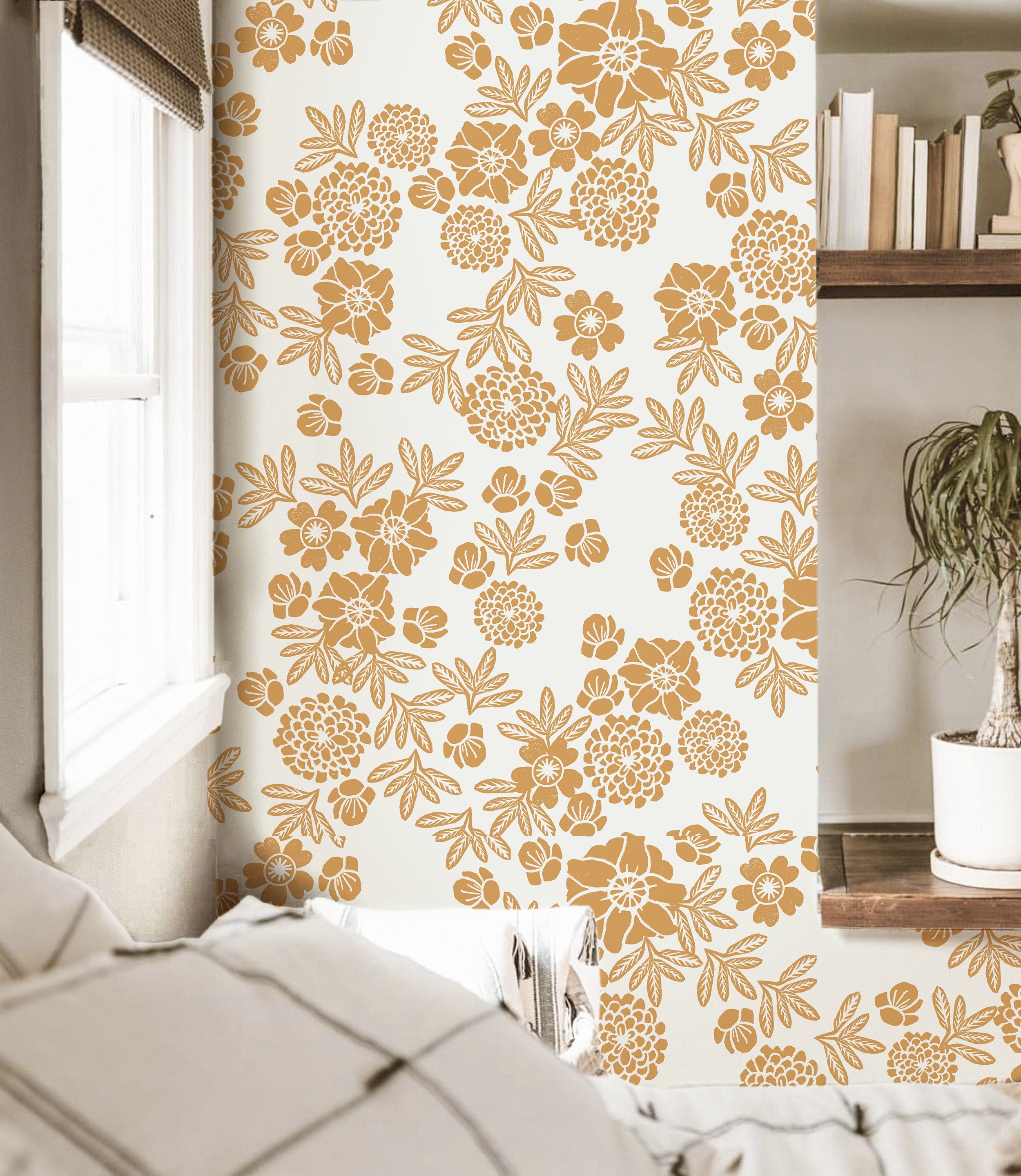 Wallpaper Peel and Stick Wallpaper Golden Yellow Stamped Floral Removable Wallpaper Wall Decor Home Decor Wall Art Room Decor 3745 - JamesAndColors