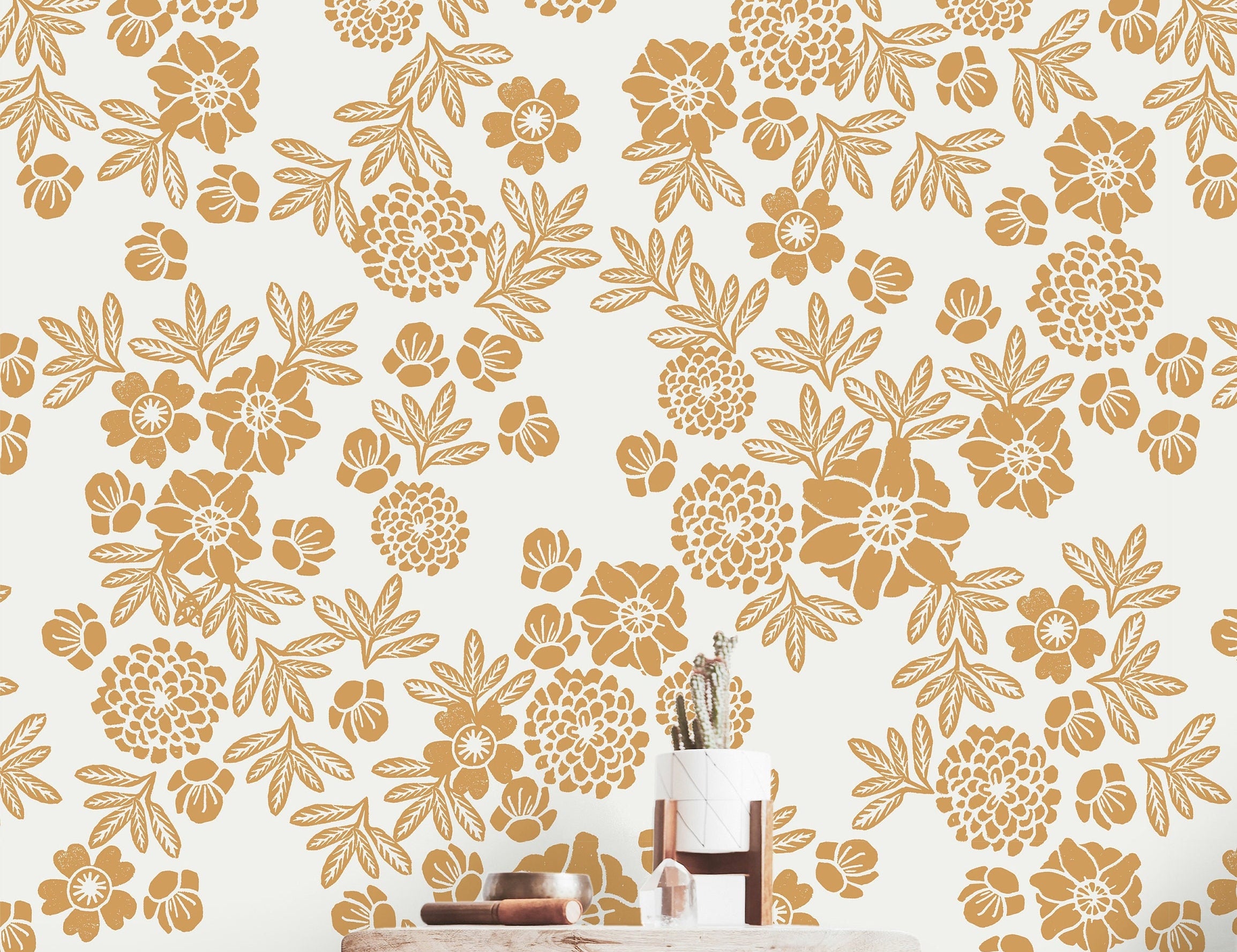 Wallpaper Peel and Stick Wallpaper Golden Yellow Stamped Floral Removable Wallpaper Wall Decor Home Decor Wall Art Room Decor 3745 - JamesAndColors
