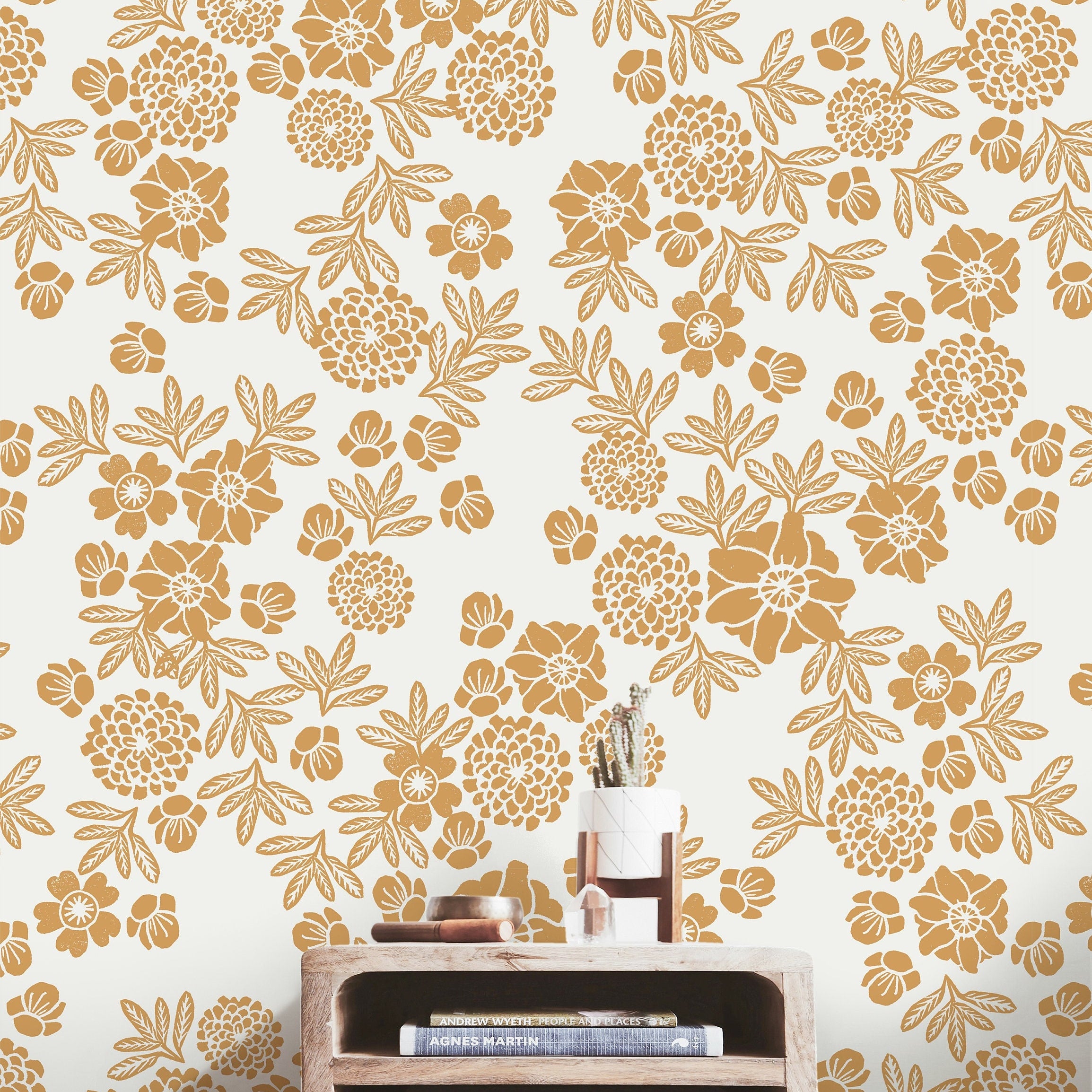 Wallpaper Peel and Stick Wallpaper Golden Yellow Stamped Floral Removable Wallpaper Wall Decor Home Decor Wall Art Room Decor 3745 - JamesAndColors