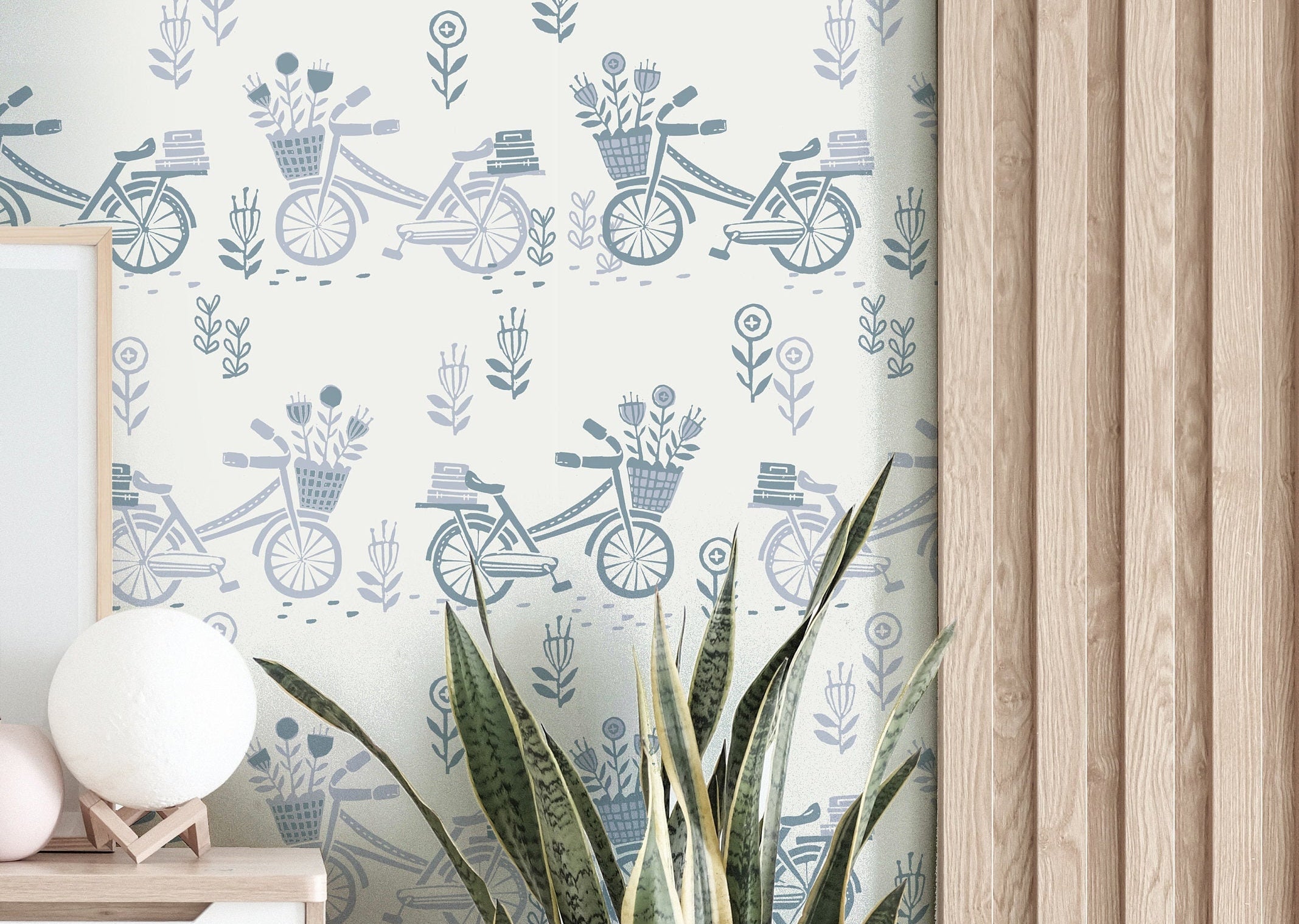 Wallpaper Peel and Stick Wallpaper Muted Blue Bicycles Floral Removable Wallpaper Wall Decor Home Decor Wall Art Room Decor 3749 - JamesAndColors