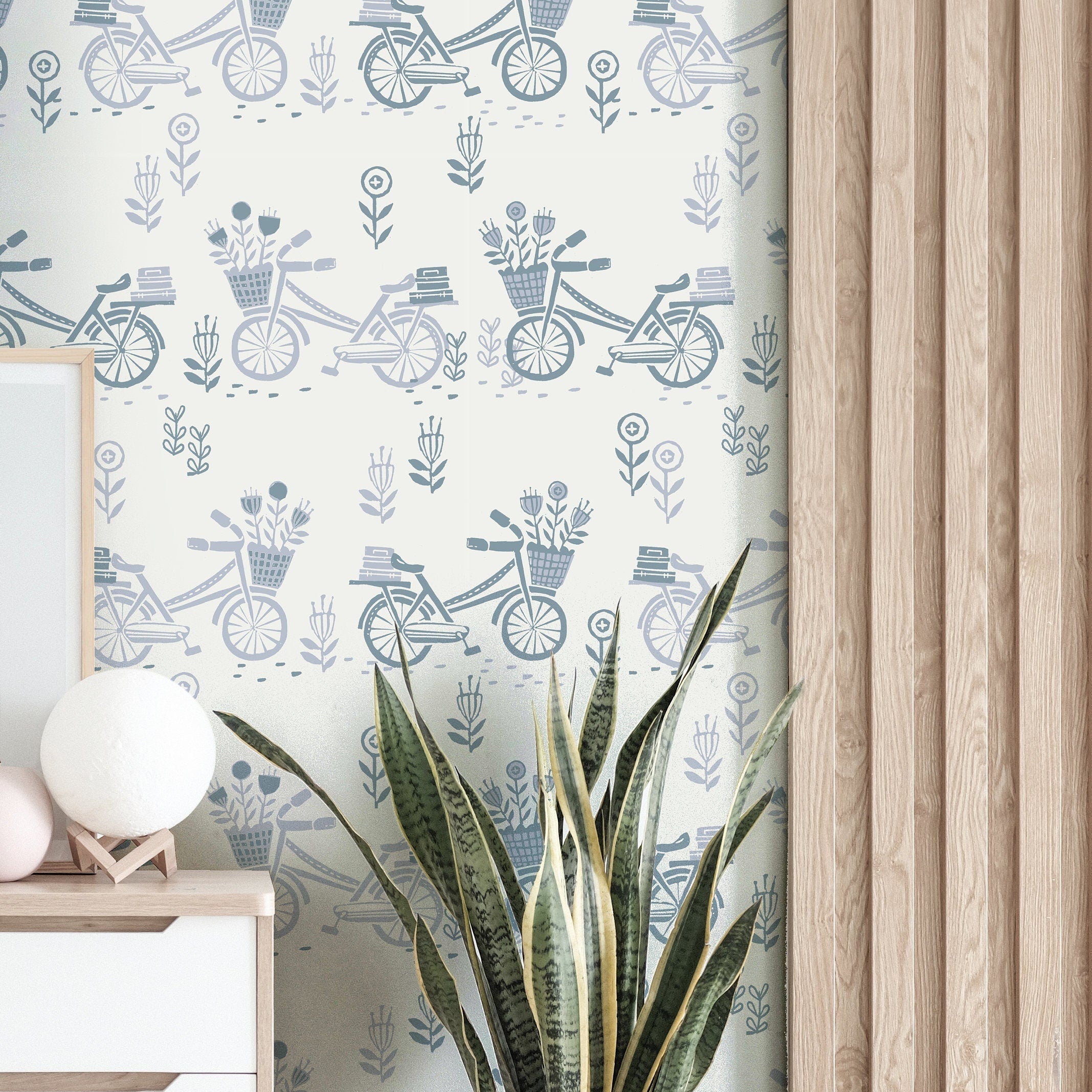 Wallpaper Peel and Stick Wallpaper Muted Blue Bicycles Floral Removable Wallpaper Wall Decor Home Decor Wall Art Room Decor 3749 - JamesAndColors