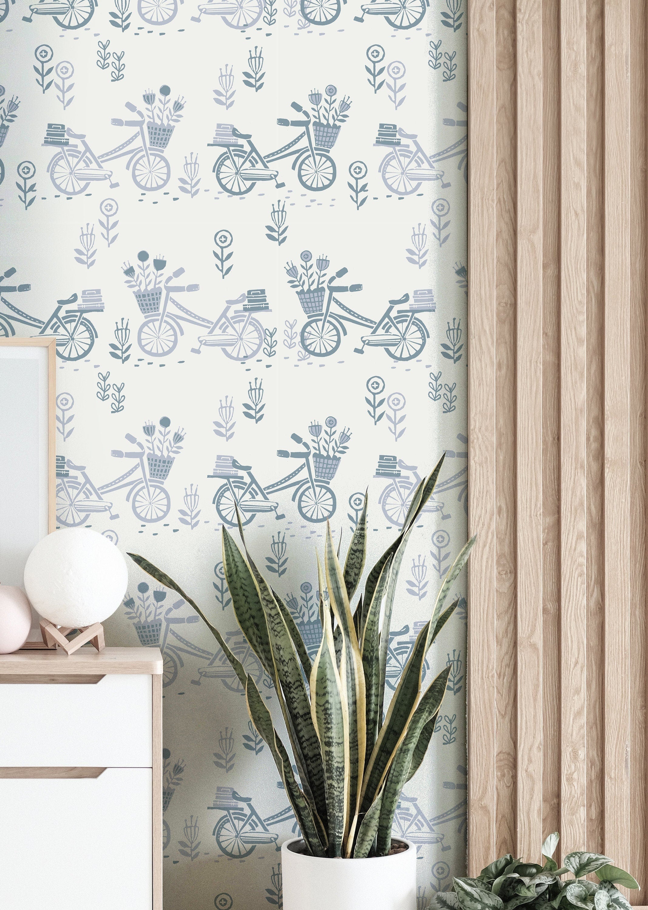 Wallpaper Peel and Stick Wallpaper Muted Blue Bicycles Floral Removable Wallpaper Wall Decor Home Decor Wall Art Room Decor 3749 - JamesAndColors