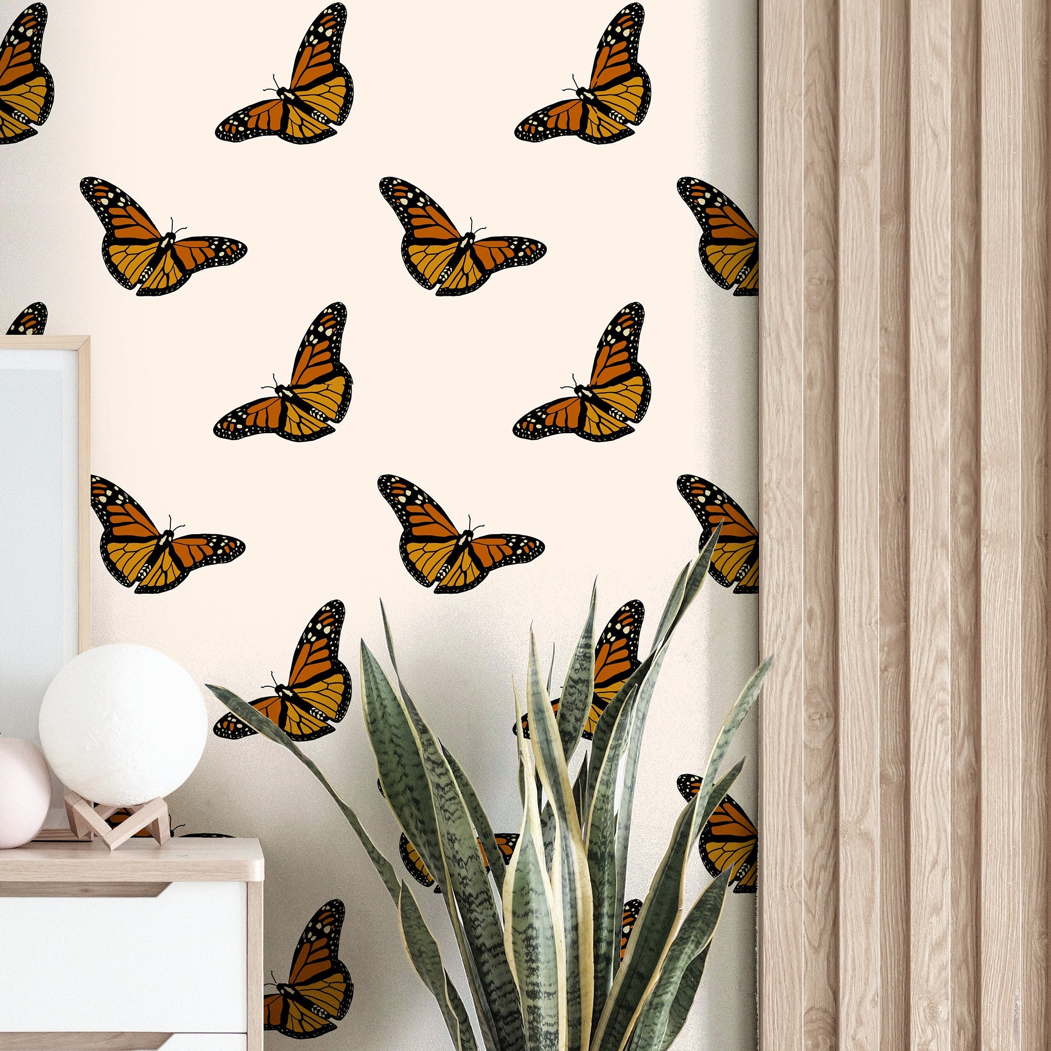 Wallpaper Peel and Stick Wallpaper Cream And Monarch Butterfly Boho Removable Wallpaper Wall Decor Home Decor Wall Art Room Decor 3758 - JamesAndColors