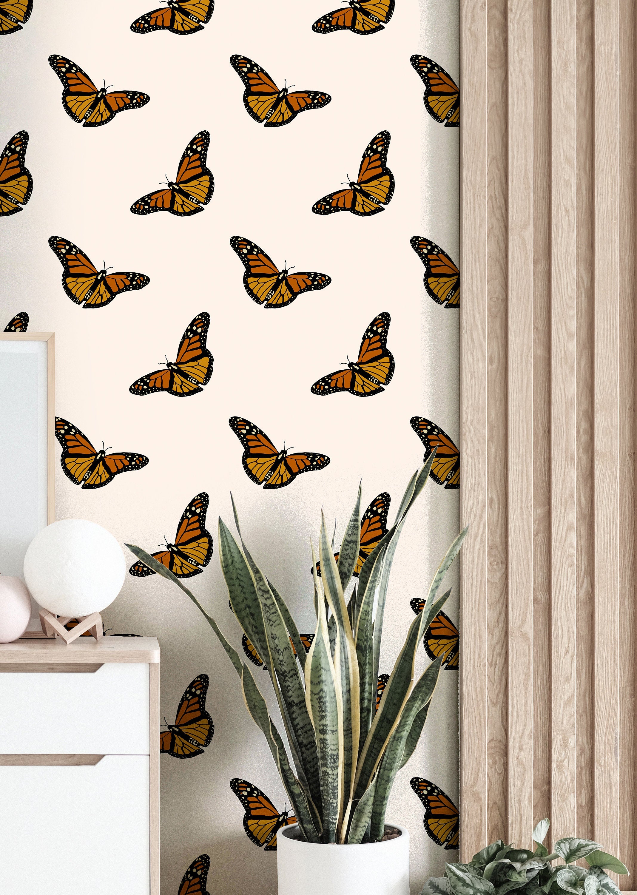 Wallpaper Peel and Stick Wallpaper Cream And Monarch Butterfly Boho Removable Wallpaper Wall Decor Home Decor Wall Art Room Decor 3758 - JamesAndColors