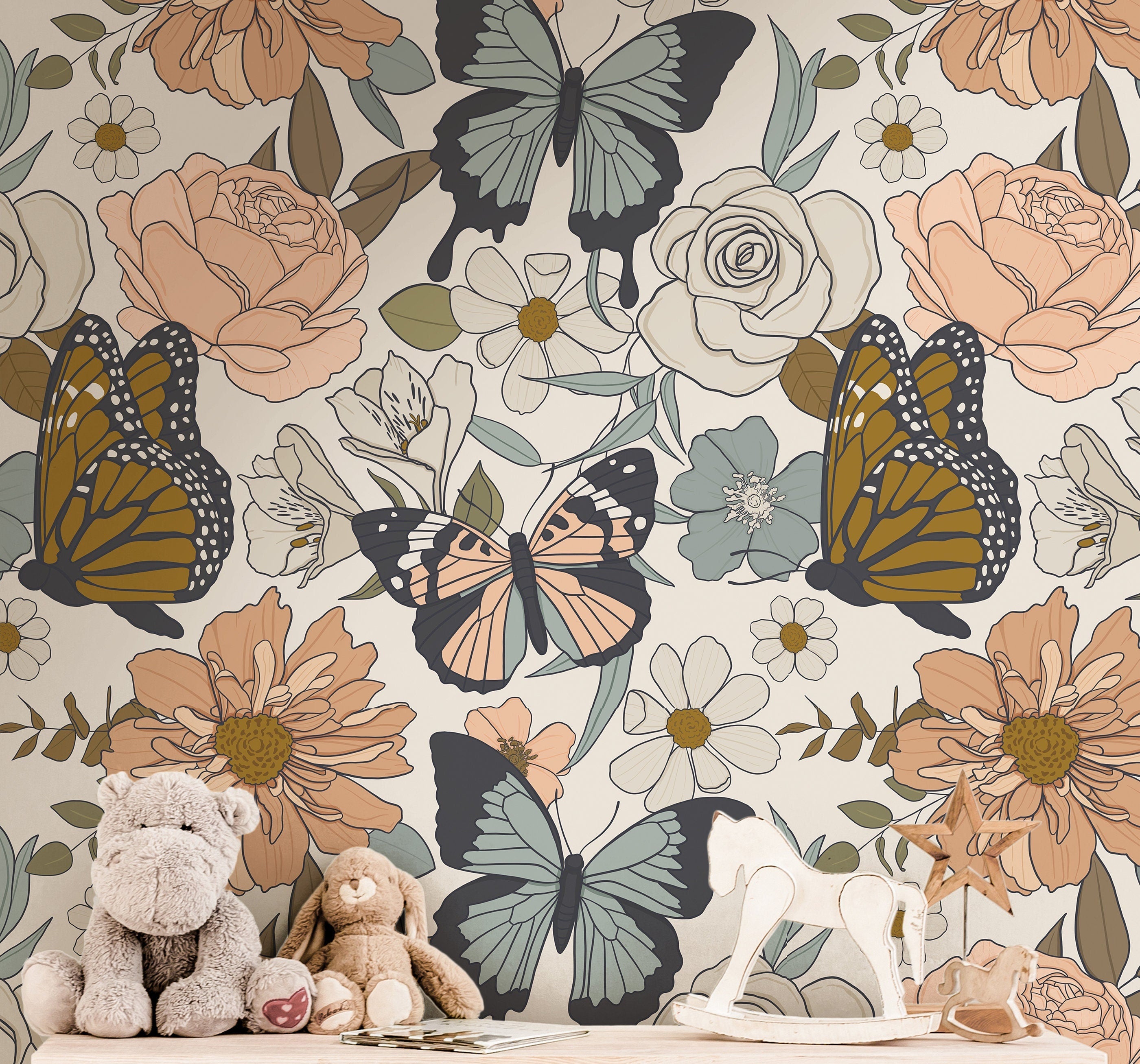 Wallpaper 3838: A beautifully detailed butterfly and floral wallpaper featuring hand-drawn botanical elements in soft earthy tones. Perfect for nature-inspired home decor, this vintage-style wallpaper creates a whimsical and elegant aesthetic.