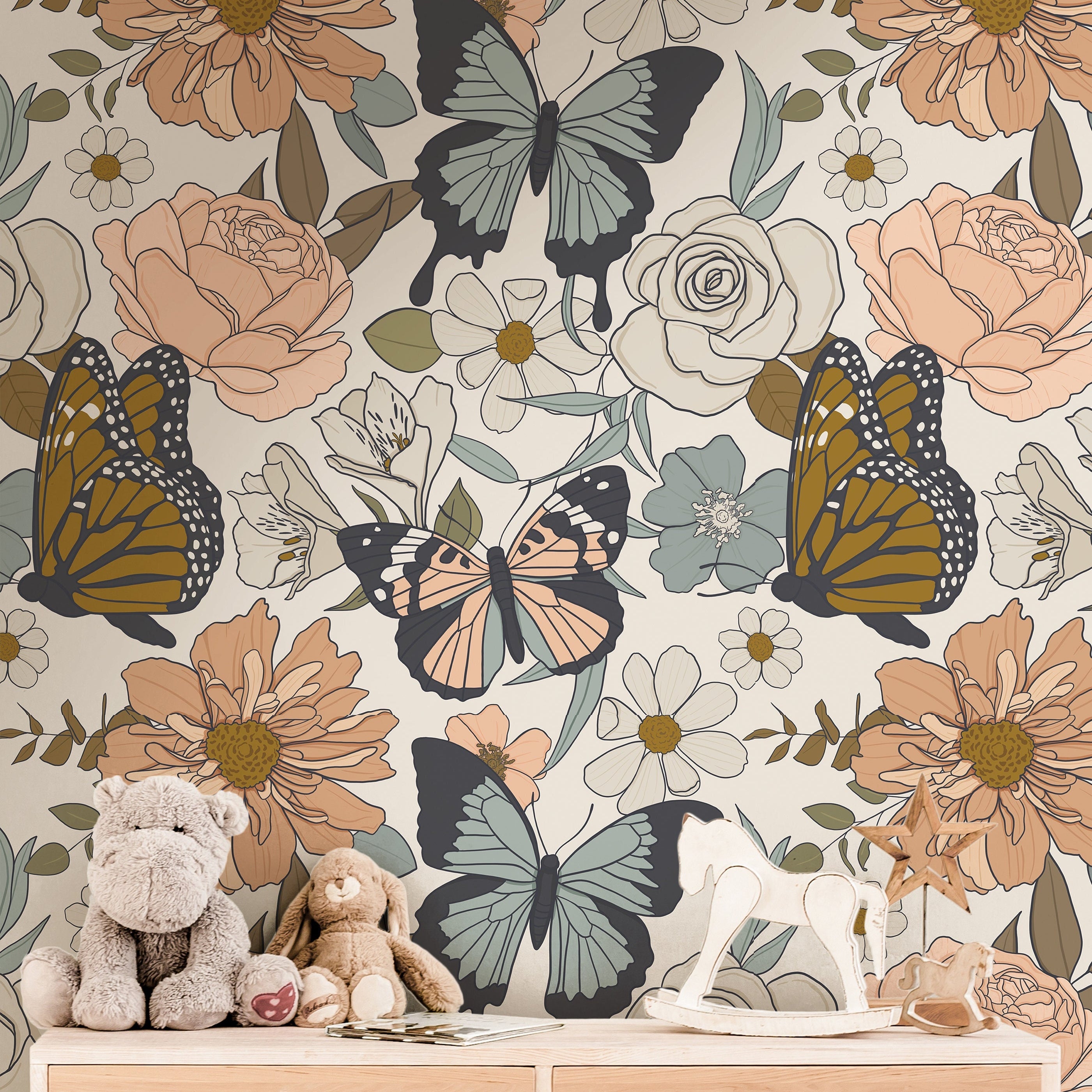 Wallpaper 3838: A beautifully detailed butterfly and floral wallpaper featuring hand-drawn botanical elements in soft earthy tones. Perfect for nature-inspired home decor, this vintage-style wallpaper creates a whimsical and elegant aesthetic.