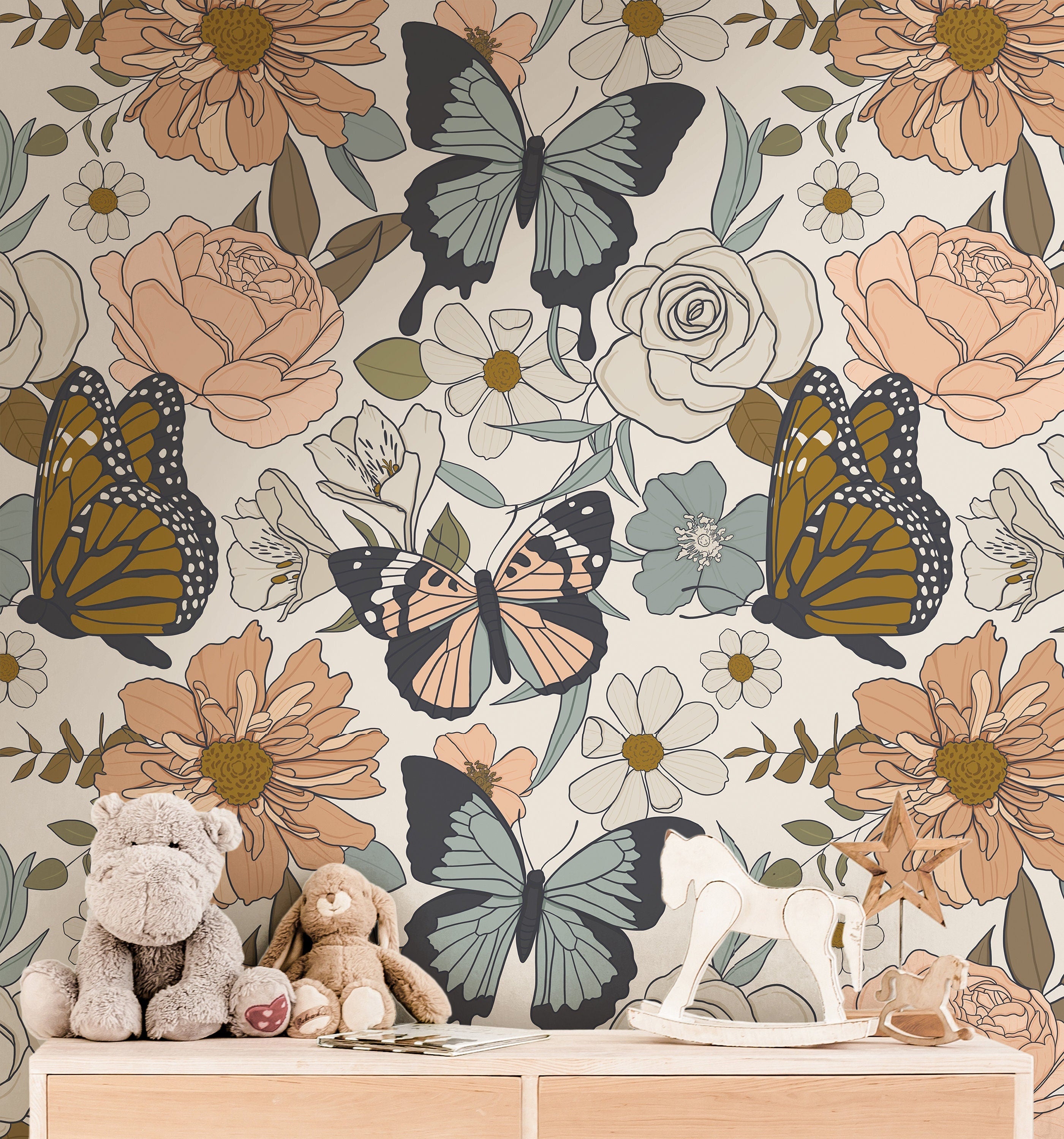 Wallpaper 3838: A beautifully detailed butterfly and floral wallpaper featuring hand-drawn botanical elements in soft earthy tones. Perfect for nature-inspired home decor, this vintage-style wallpaper creates a whimsical and elegant aesthetic.