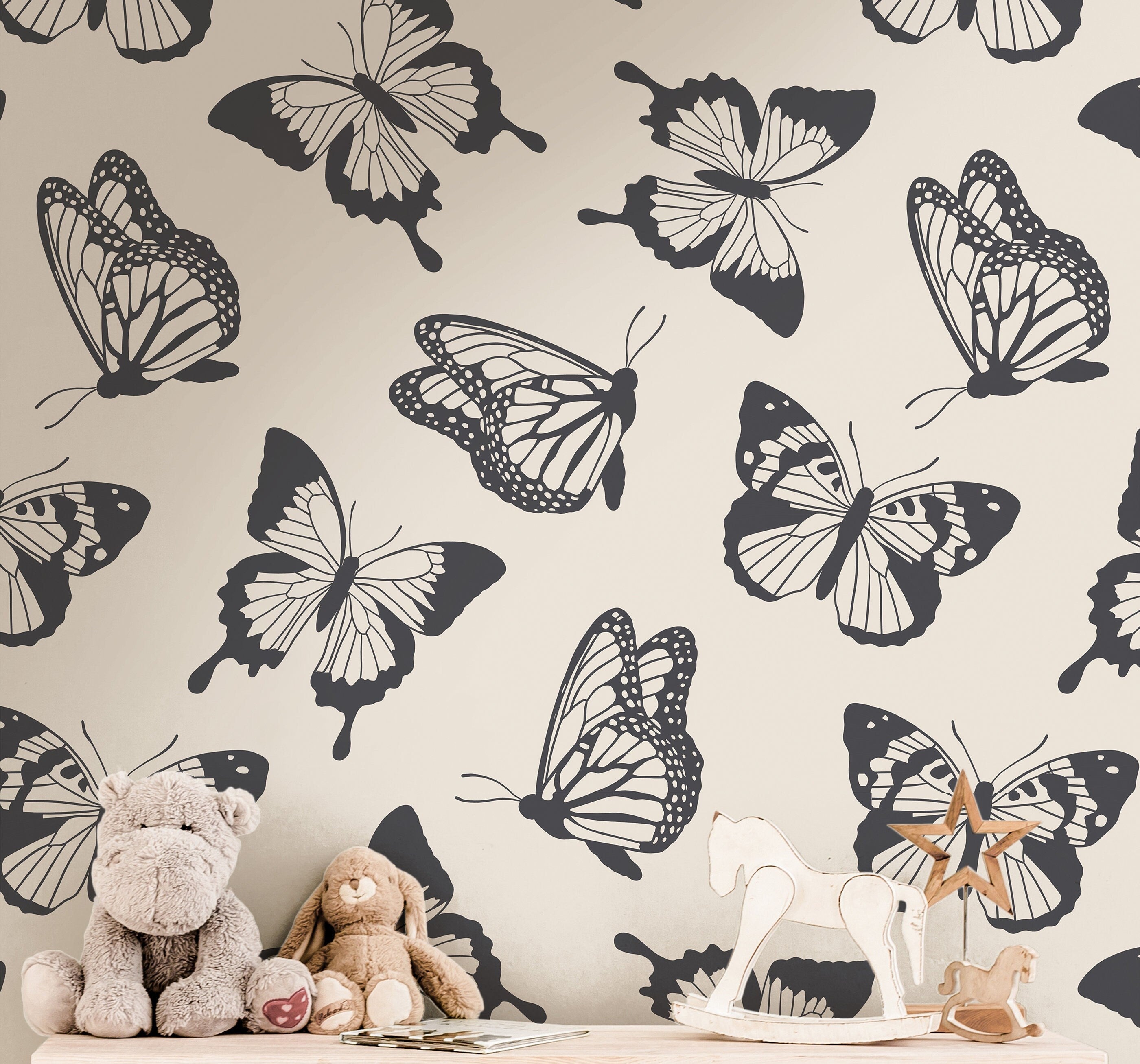 Butterfly Cream Black Wallpaper | Girls Nursery Wallpaper | Kids Wallpaper | Childrens Wallpaper | Peel Stick Removable Wallpaper | 3839 - JamesAndColors