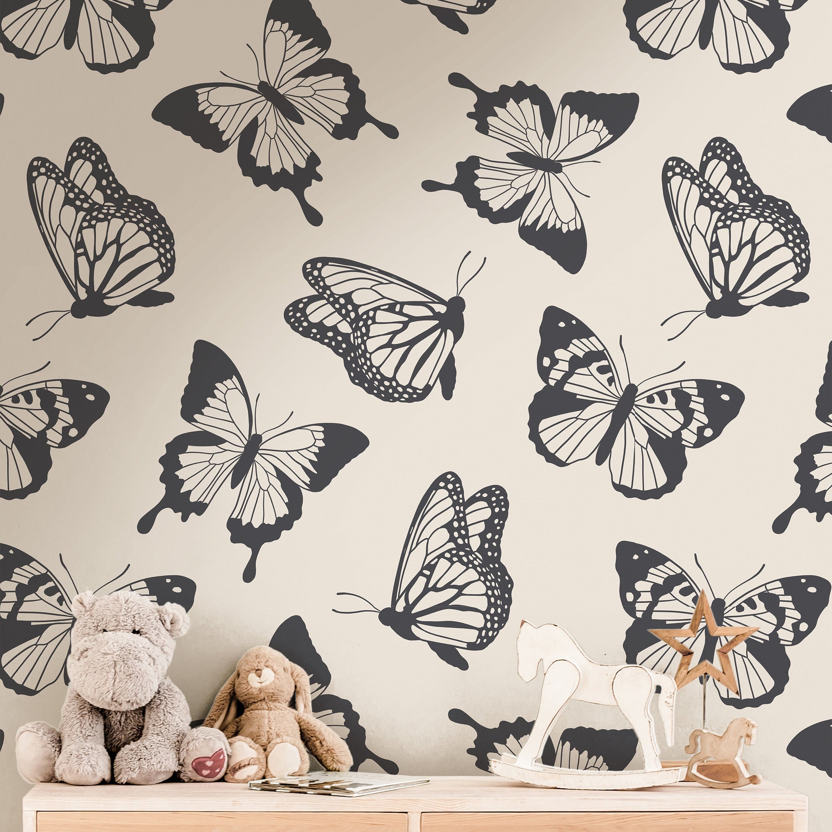 Butterfly Cream Black Wallpaper | Girls Nursery Wallpaper | Kids Wallpaper | Childrens Wallpaper | Peel Stick Removable Wallpaper | 3839 - JamesAndColors